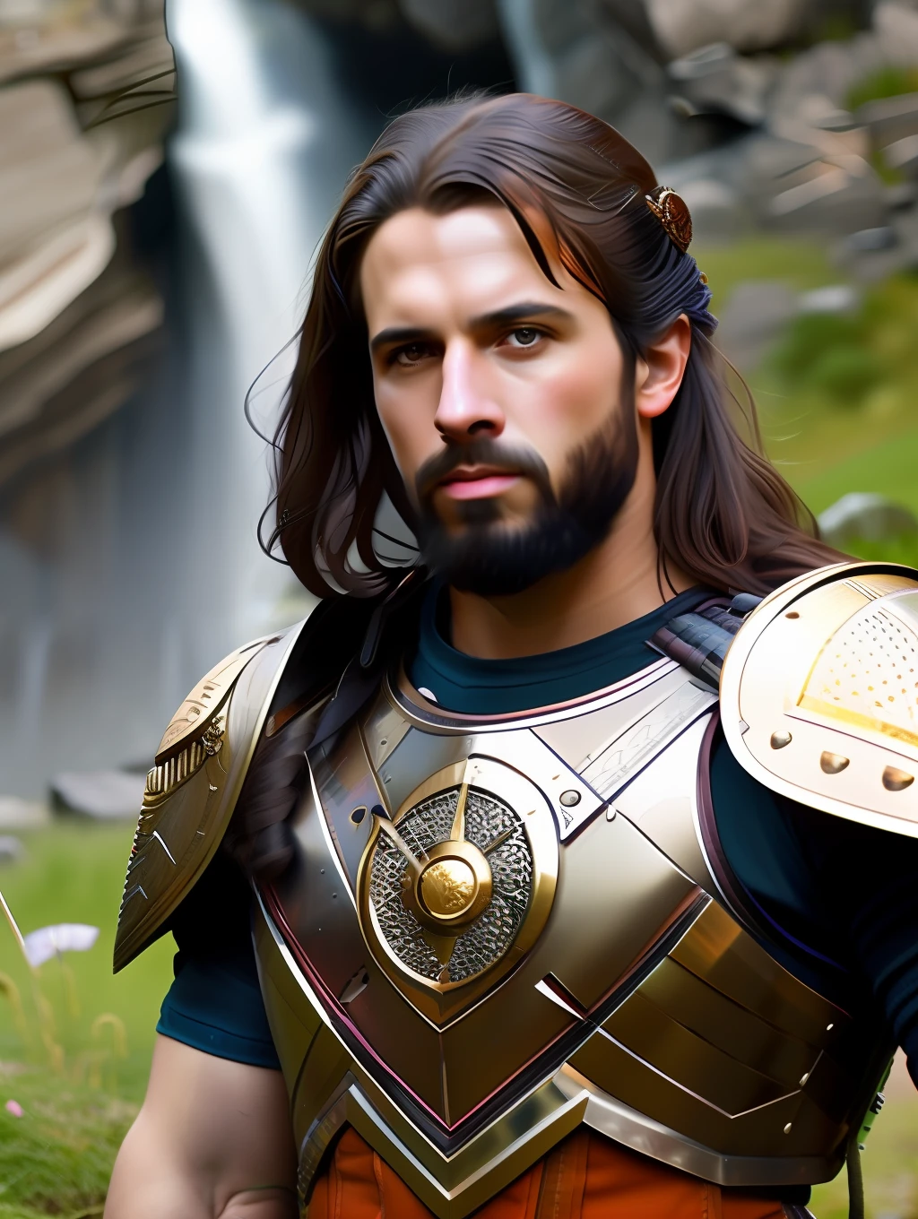 fking_scifi, fking_scifi_v2, portrait of a young, muscular very handsome and attractive Spartan warrior man, in front of a beautiful waterfall, long messy hair, hairy body, rich colorful and bronze jewelry, close up, regal pose and attitude. fking_cinema_v2. , very strong and fitted, intense action, dynamic juxtaposition, warrior helmet and a sword, fierce, tumblr contest winner, hurufiyya, very strong fitted and masculine, movie still, cinematic lighting. photograph, detailed symmetric realistic face, extremely detailed natural texture, peach fuzz, long waived hair, masterpiece, absurdres, nikon d850 film stock photograph, kodak portra 400 camera f1.6 lens, extremely detailed, amazing, fine detail, intense actio, hyper realistic lifelike texture, dramatic lighting, unrealengine, trending on artstation, cinestill 800 tungsten, looking at the viewer, photo realistic, RAW photo, TanvirTamim, high quality, highres, sharp focus, extremely detailed, cinematic lighting, action, 8k uhd,-imagine-