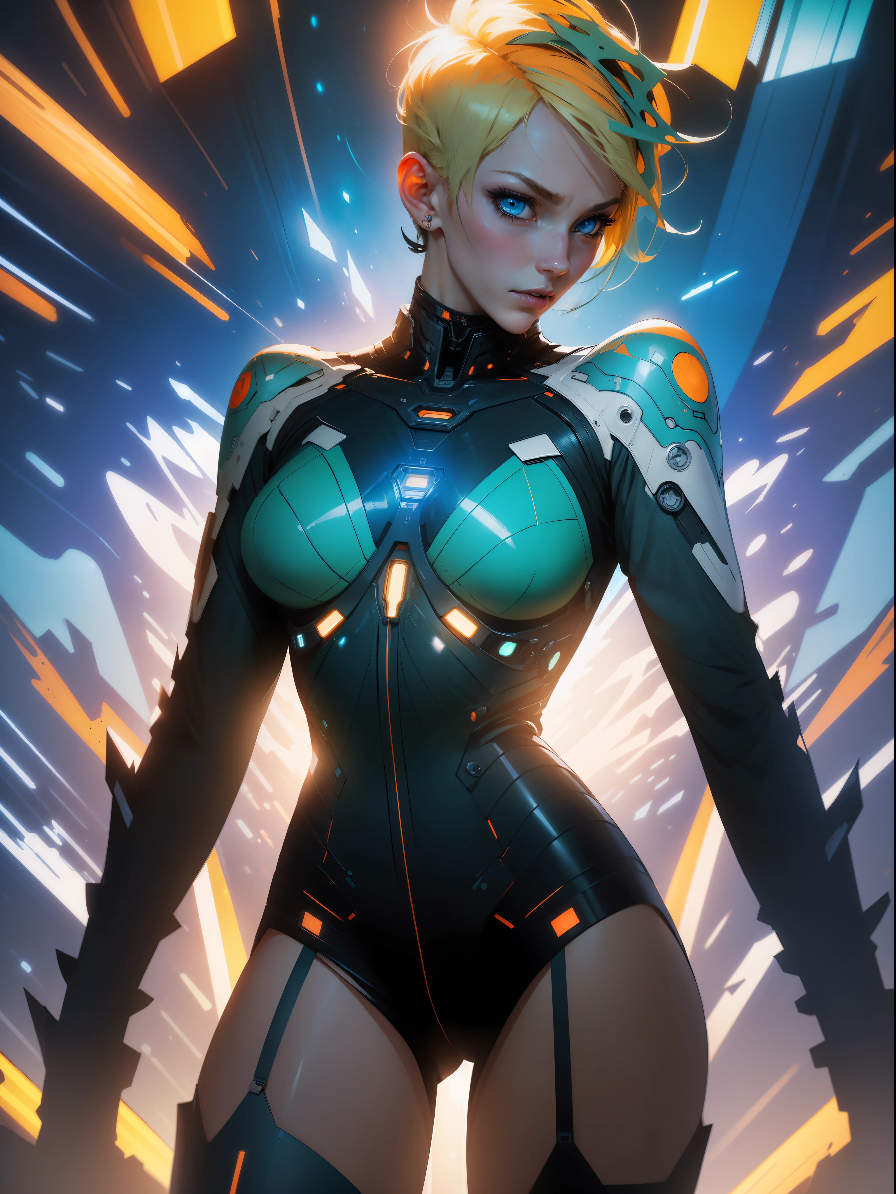 ((Best quality)), ((masterpiece)), (detailed: 1.4), (Absurd), Fighter pilot woman ready for war, bluish black skin, Clothing with spectacular abstract designs, explosion of colors, cosmic tattoo, nebula, defined muscular sculptural body, whole body, half thick naked thighs, closed mouth, body covered by technological clothing, Neon Genesis Evangelion style, cyberpunk, generous neckline, ((perfect medium breasts)), (super light blue eyes),  ((totally green and orange clothing)), (((short blonde hair)))), long black eyelashes heavy makeup, garter belt made with barbed wire, by mucha, niji --V5, close to real, psychopath, crazy face, sexy pose, fractal background, 2 piece clothing, pastel, centered, scale to fit dimensions, HDR (High Dynamic Range),Ray Tracing,NVIDIA RTX,Super-Resolution,Unreal 5, Subsurface Dispersion, PBR Texture, Post-processing, Anisotropic Filtering, Depth of Field, Maximum Clarity and Sharpness, Multilayer Textures, Albedo and Specular Maps, Surface Shading, Accurate Simulation of Light-Material Interaction, Perfect Proportions, Octane Render, Two-Tone Lighting, Wide Aperture, Low ISO, White Balance, Rule of Thirds, 8K RAW, Crysisnanosuit