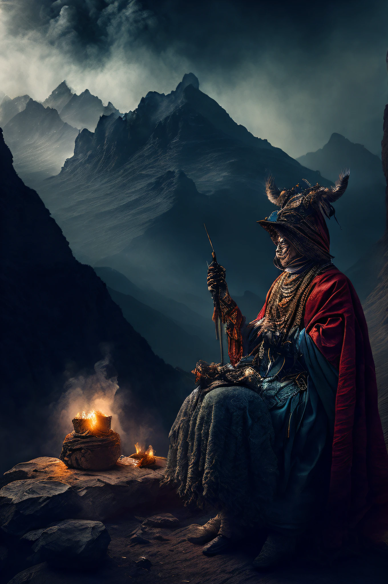 The scene is atmospheric and open, ancient sacrificial pictures, smoky and full of smoke, animals in human clothes meditating, detailed clothing details, detailed clothing light, faint and faint, detailed animal hair glowing sense, cumbersome and complex picture feeling, (full of weird and mysterious pictures), the background is hazy open and weird mountains, complex mountains, photorealistic, 8k,
