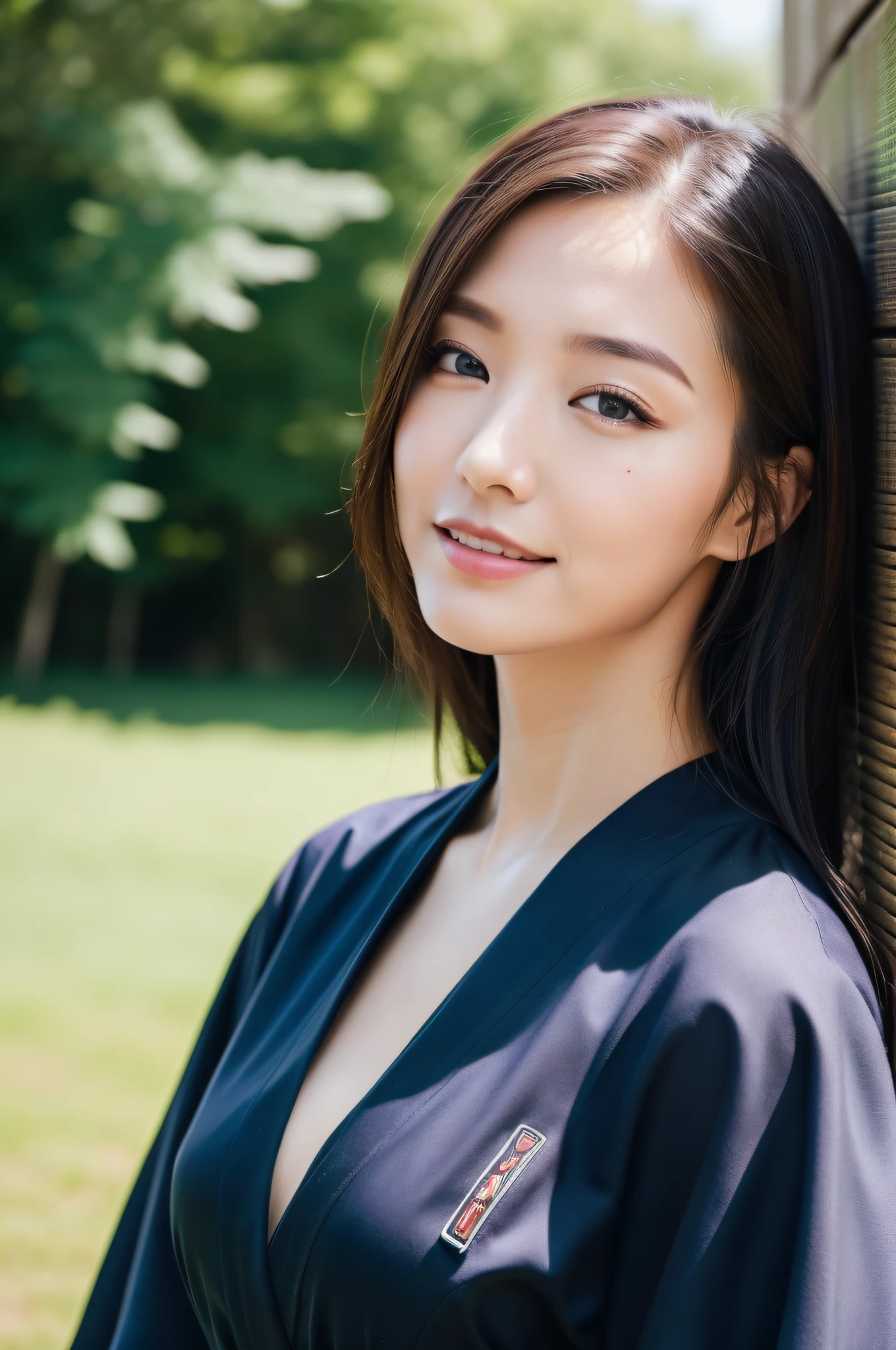 ((Top Quality, 8K, Masterpiece: 1.3)), Sharp Focus: 1.2, (Super Beautiful Face: 1.0), (Slender Abs Beauty: 1.0), (Shiny Skin: 1.0), Realistic Photography, Black Hair, Realistic Pupils, Video Lighting, High Definition Eyes and Face, Video Lighting,  (Cowboy Shot: 1.0), kimono, hakama, obi, happy in nature