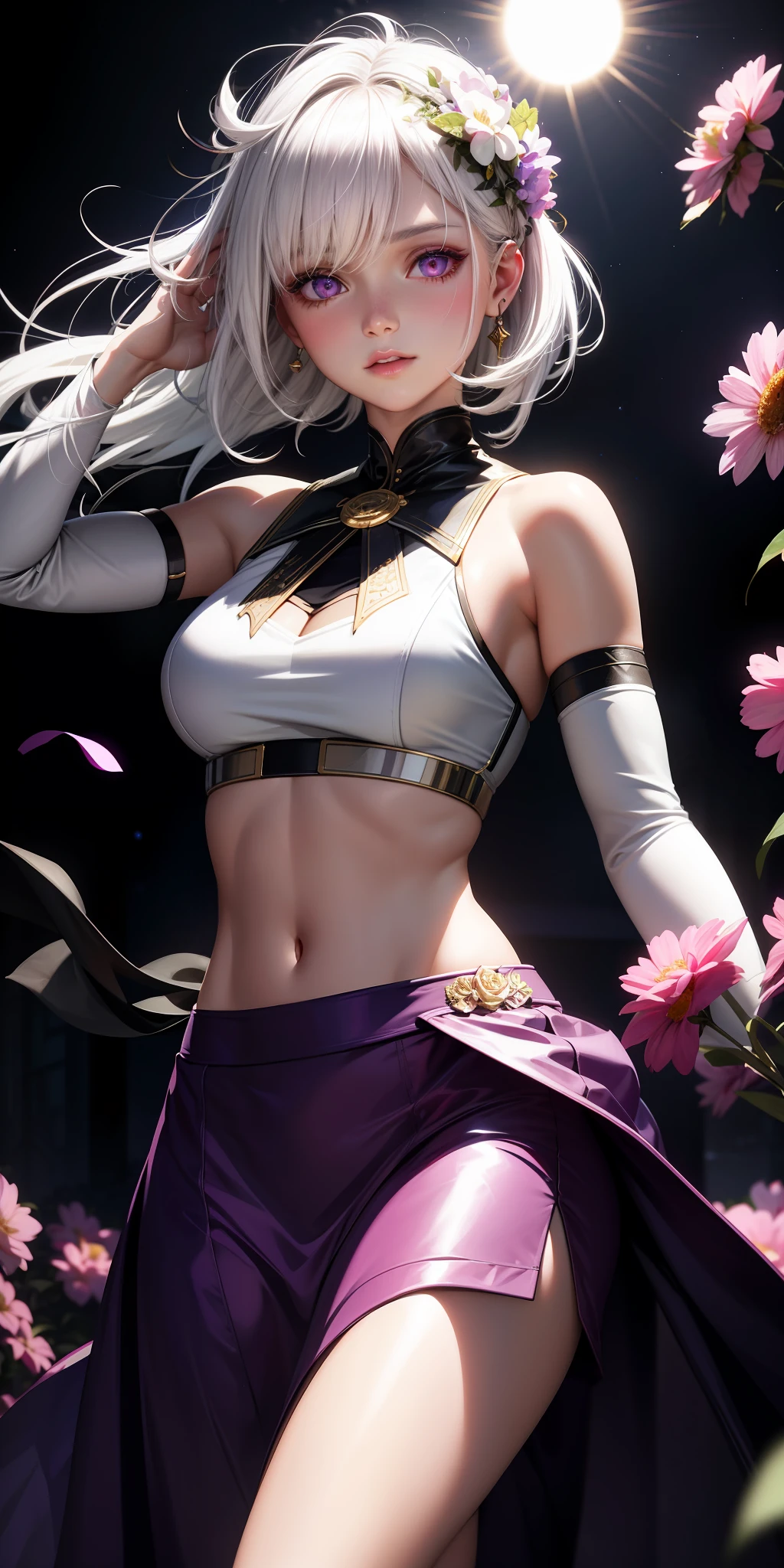 realistic, 1girl, white hair, purple eyes, glowing eyes, crop top, skirt, parted lips, blush, night, flowers, sun, sunlight,