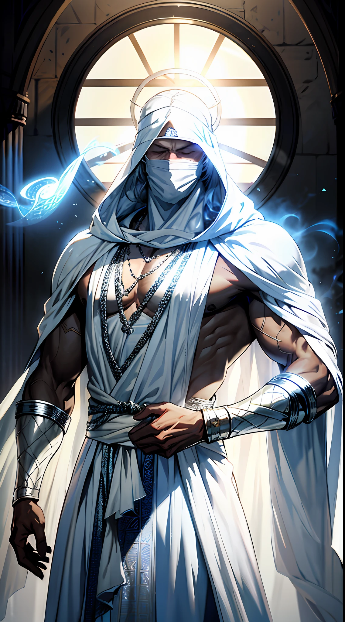 a man with white hair wearing a white robe, white haired deity, hood covers his eyes, wind egyptian god, hair covering eyes, blinding white hair, transparent veil, attractive male deity, blind, a painting of white silver, muscular magician man, white veil, mushoku tensei, fantasy blindfold, character album cover, beautiful male god of death