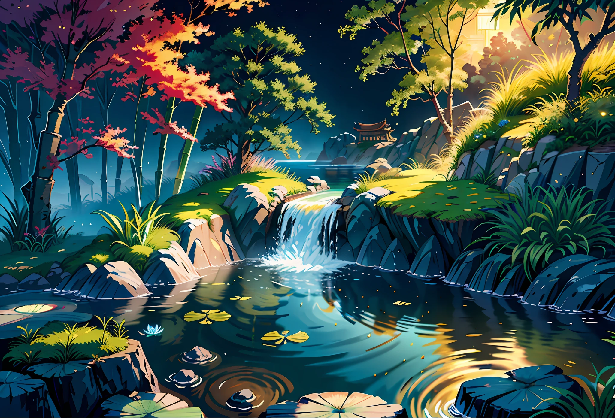 Ancient Chinese architecture, moon, midnight, garden, bamboo, lake, stone bridge, rockery, arch, corner, tree, running water, landscape, outdoor, waterfall, grass, rock, water lily, hot spring, water vapor, (Illustration: 1.0), Epic Composition, Realistic Lighting, HD Details, Masterpiece, Best Quality, (Very Detailed CG Unity 8k) --v 6