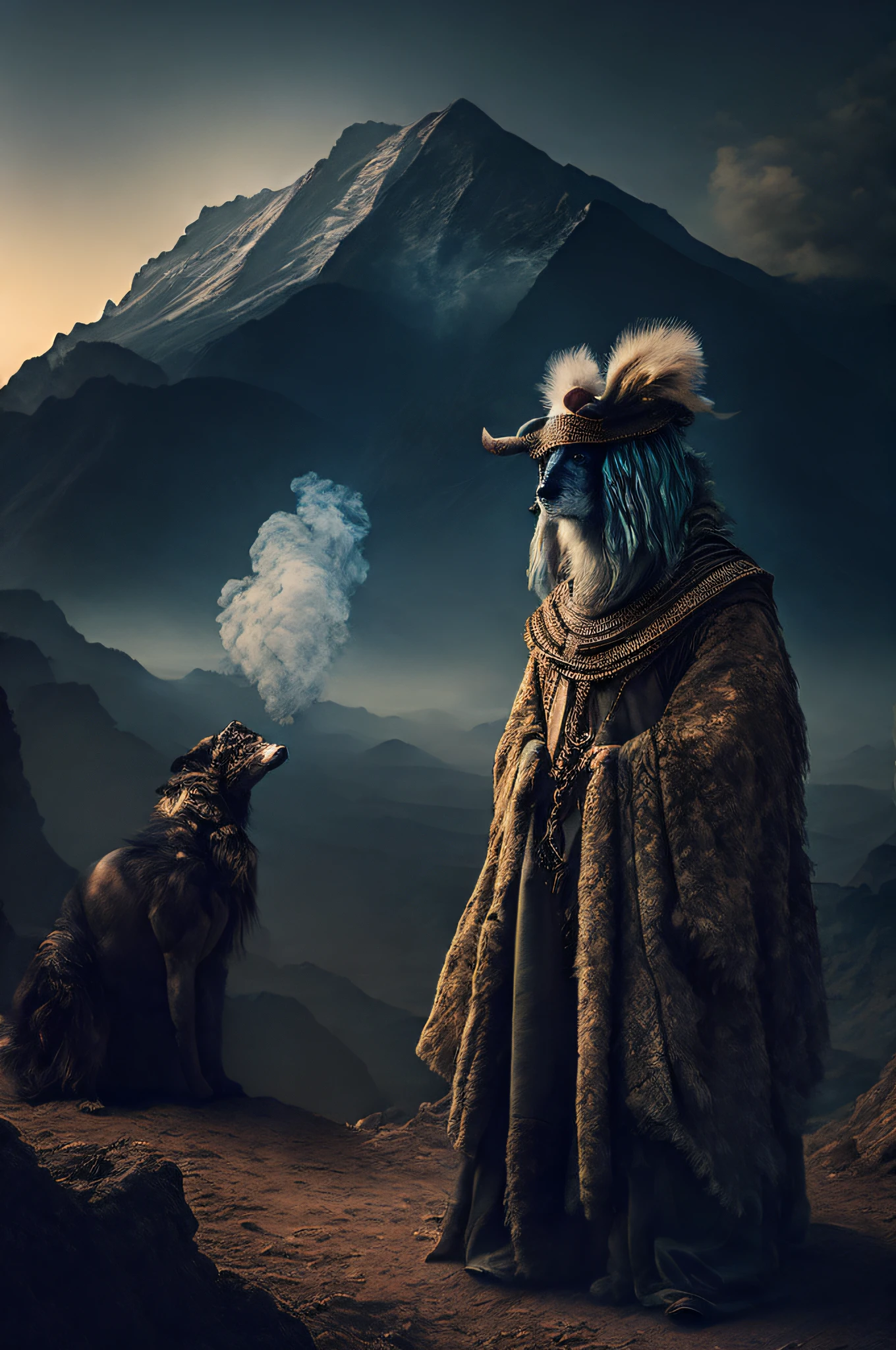 The scene is atmospheric and open, ancient sacrificial pictures, smoky and full of smoke, animals in human clothes meditating, detailed clothing details, detailed clothing light, faint and faint, detailed animal hair glowing sense, cumbersome and complex picture feeling, (full of weird and mysterious pictures), the background is hazy open and weird mountains, complex mountains, photorealistic, 8k,