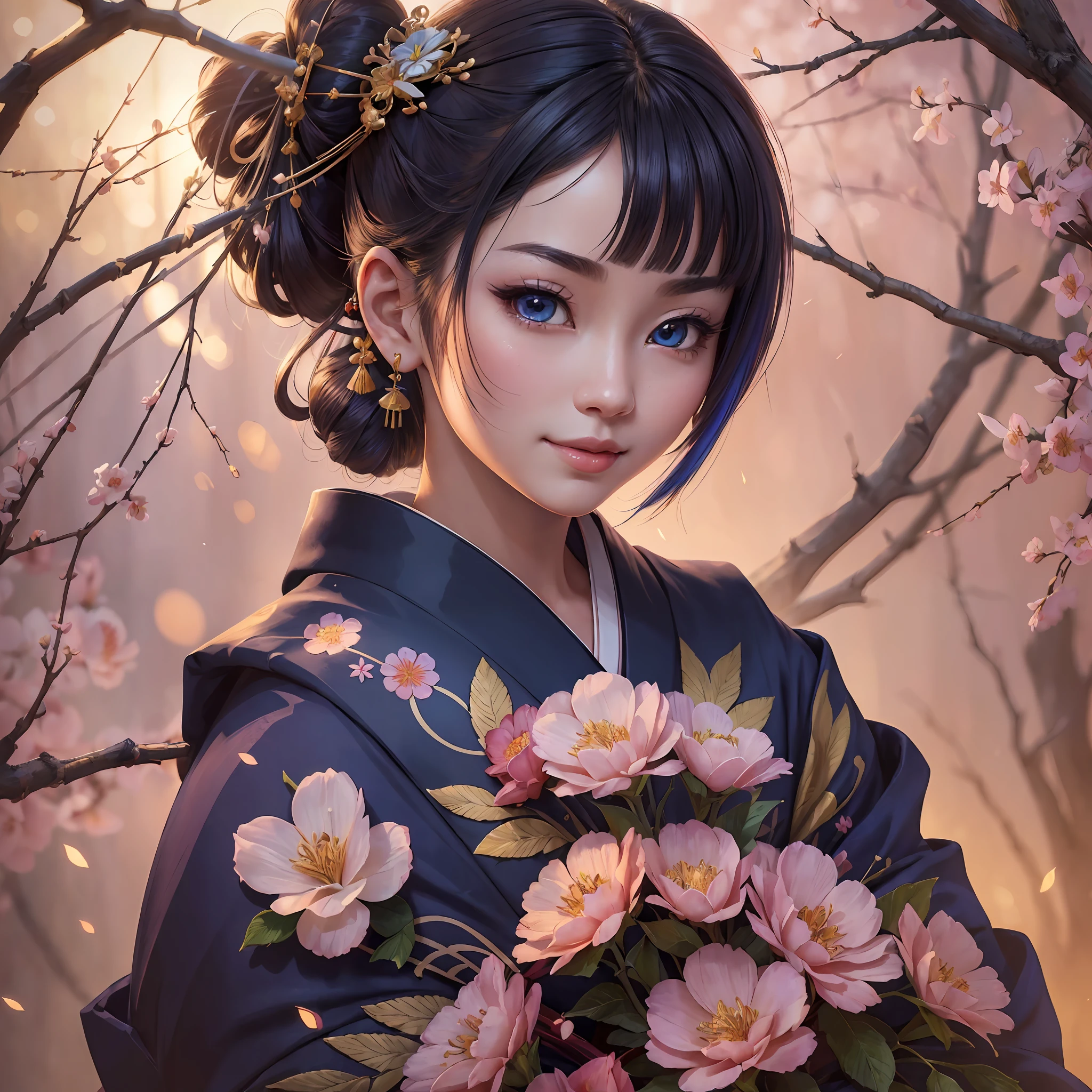 (((Masterpiece))), (((highest quality)))), ((Ultra detailed)), (Illustration)))), (Detail light), (Very delicate and beautiful)), (Beautiful detail eyes), (Lighting drop reflection), Extreme detail HDR, Background Ultra detailed Japan sunset, Exquisite lighting and shadows, Very dramatic images, cinematic lenses, charming smile, (Left and right different colored eyes)), 1 woman, Background is Yuguo (excellent detail, Excellent lighting, wide angle), (excellent rendering, enough to stand out in the class), solo, super detail kimono, (close-up to viewer: 1.2), beautiful detail hairstyle and beautiful detail hair accessories, oiran , colorful refraction, light particles, beautiful detail kimono, --auto --s2