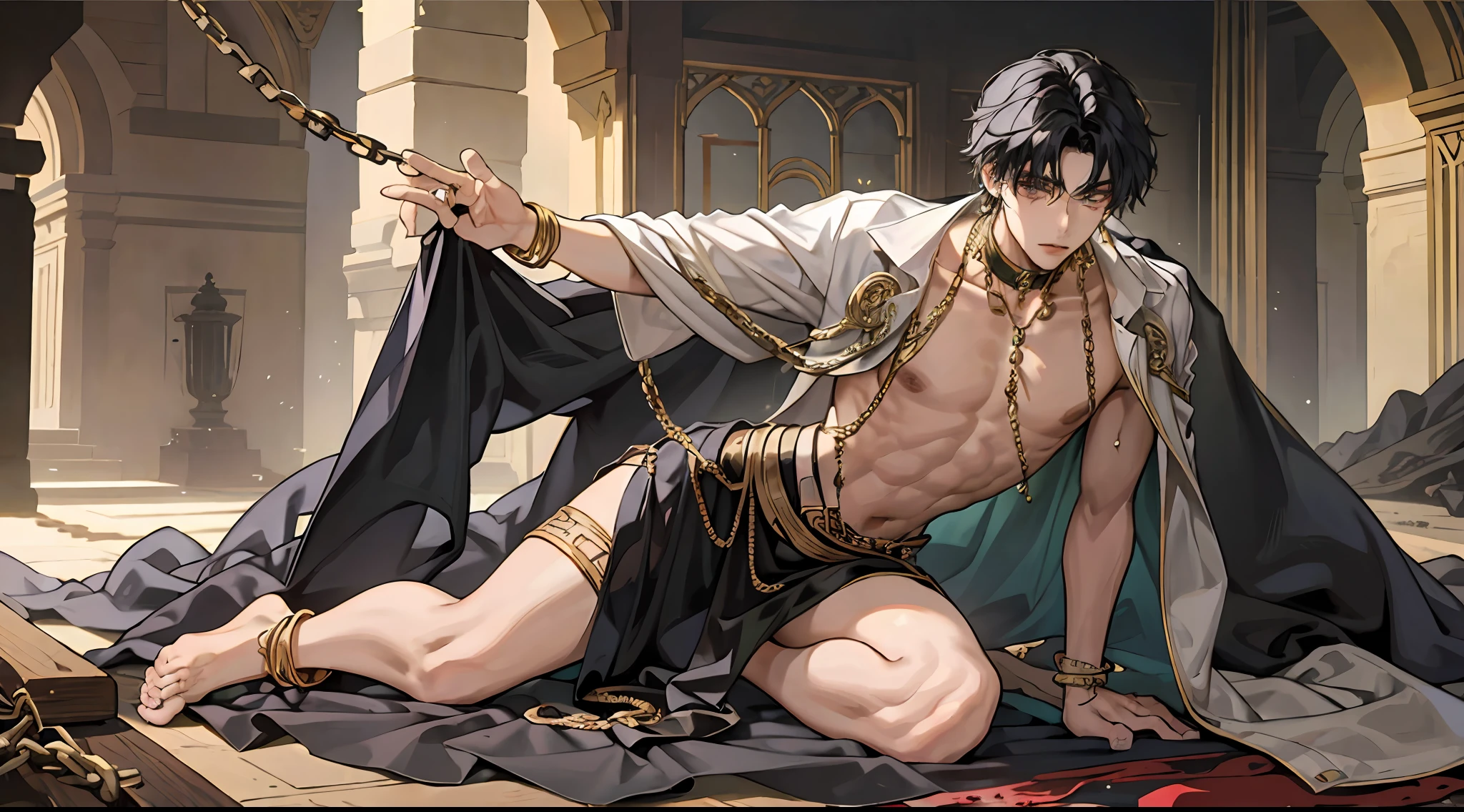 Young Men, 1boy, male, manly, prince of Persia, leaky waist, jewelry, brilliant, curly hair, black hair, dark skin, emerald eyes, gold waist chain, arm ring, thin waist, bare legs, bare feet, anklet, bracelet, ring, dynamic pose, dramatic composition, carpet, wounded, battle damage, bleeding from the corners of the mouth, kneeling, carpet, chain, collar, cage