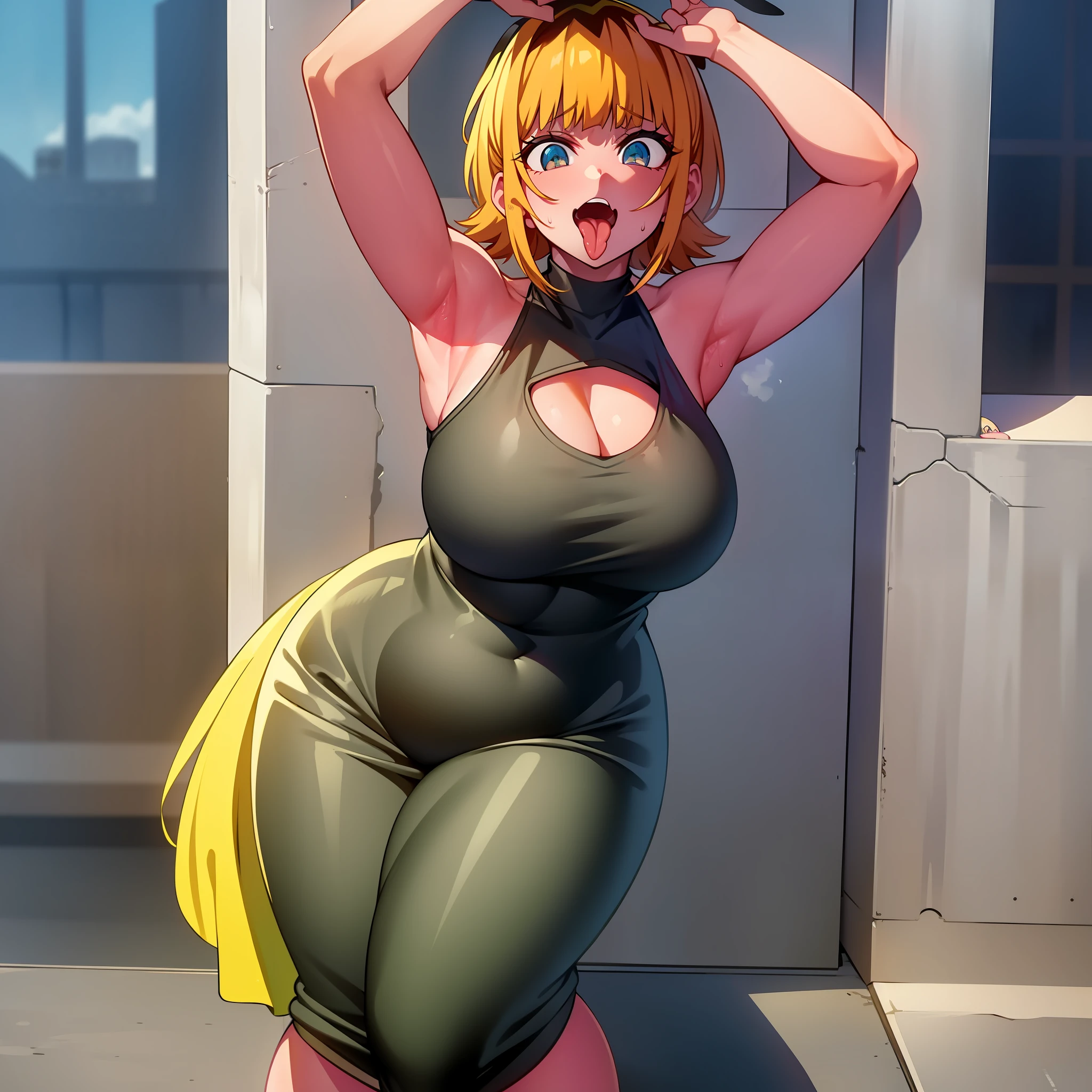 MEM, armpit, standing, mouth open, looking at the camera, sweaty, big, from the front, plump, thick thighs, anger, tight dress, mature woman, tongue sticking out, pushing , mem, yellow hair