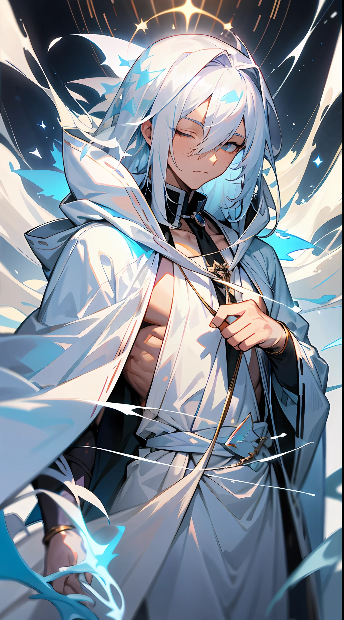 a man with white hair wearing a white robe, white haired deity, hood covers his eyes, wind egyptian god, hair covering eyes, blinding white hair, transparent veil, attractive male deity, blind, a painting of white silver, muscular magician man, white veil, mushoku tensei, fantasy blindfold, character album cover, beautiful male god of death