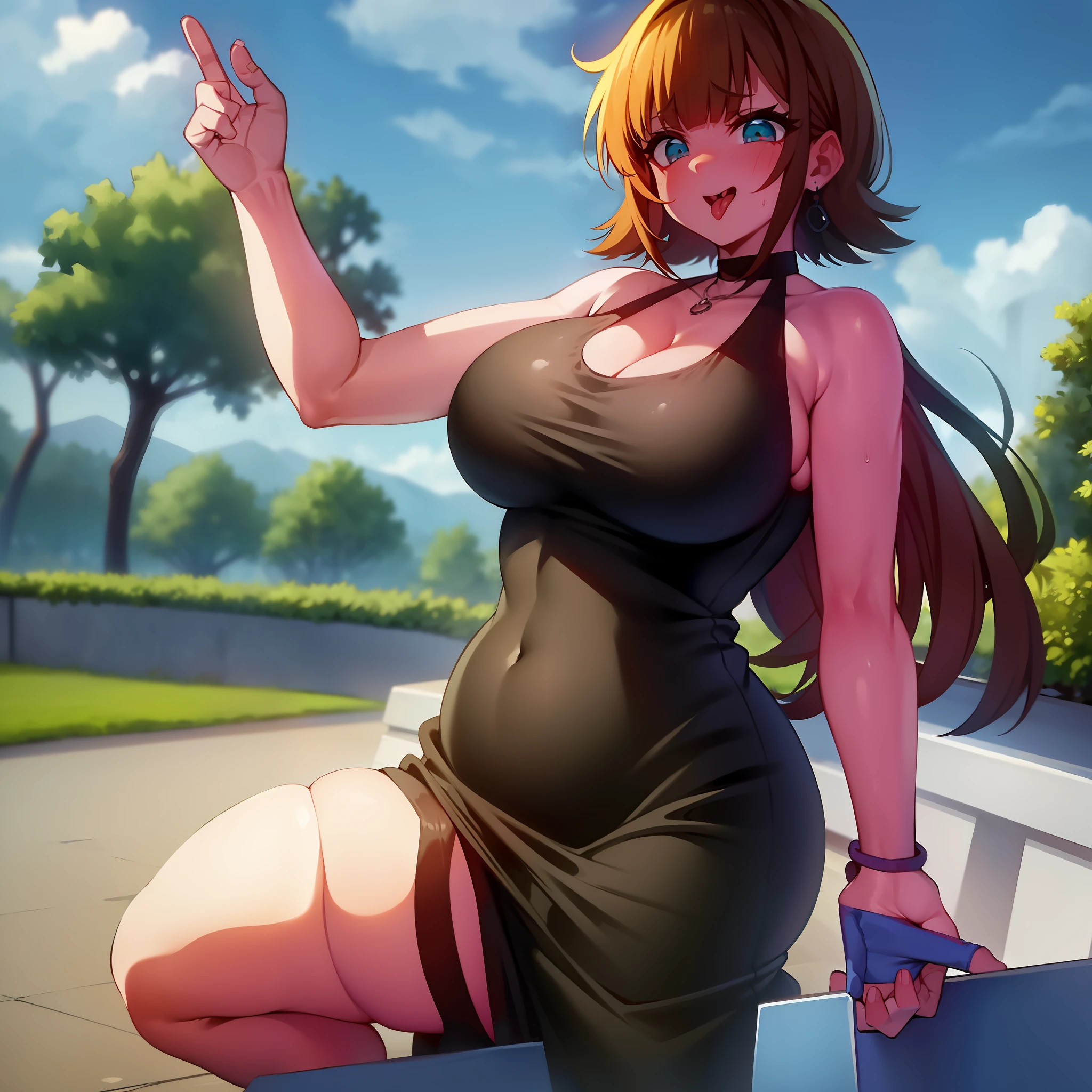 MEM chock, sweaty, big, from the front, plump, thick thighs, anger, tight dress,, tongue out, (masterpiece, best quality, high definition)
