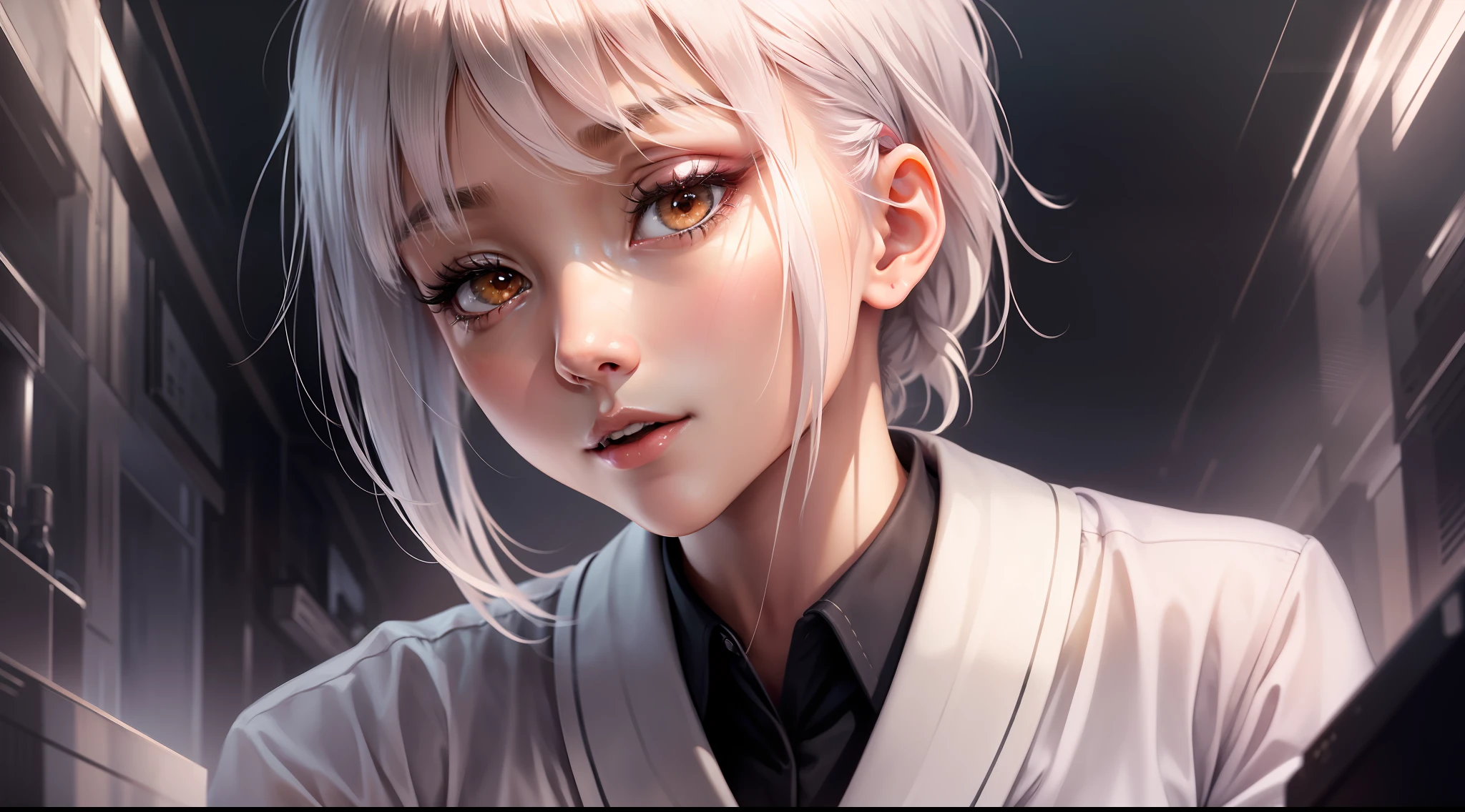 designer, japanese girl, shorthair, white hair, ultra deitail, working, 8k resolution, beauty face, working on table