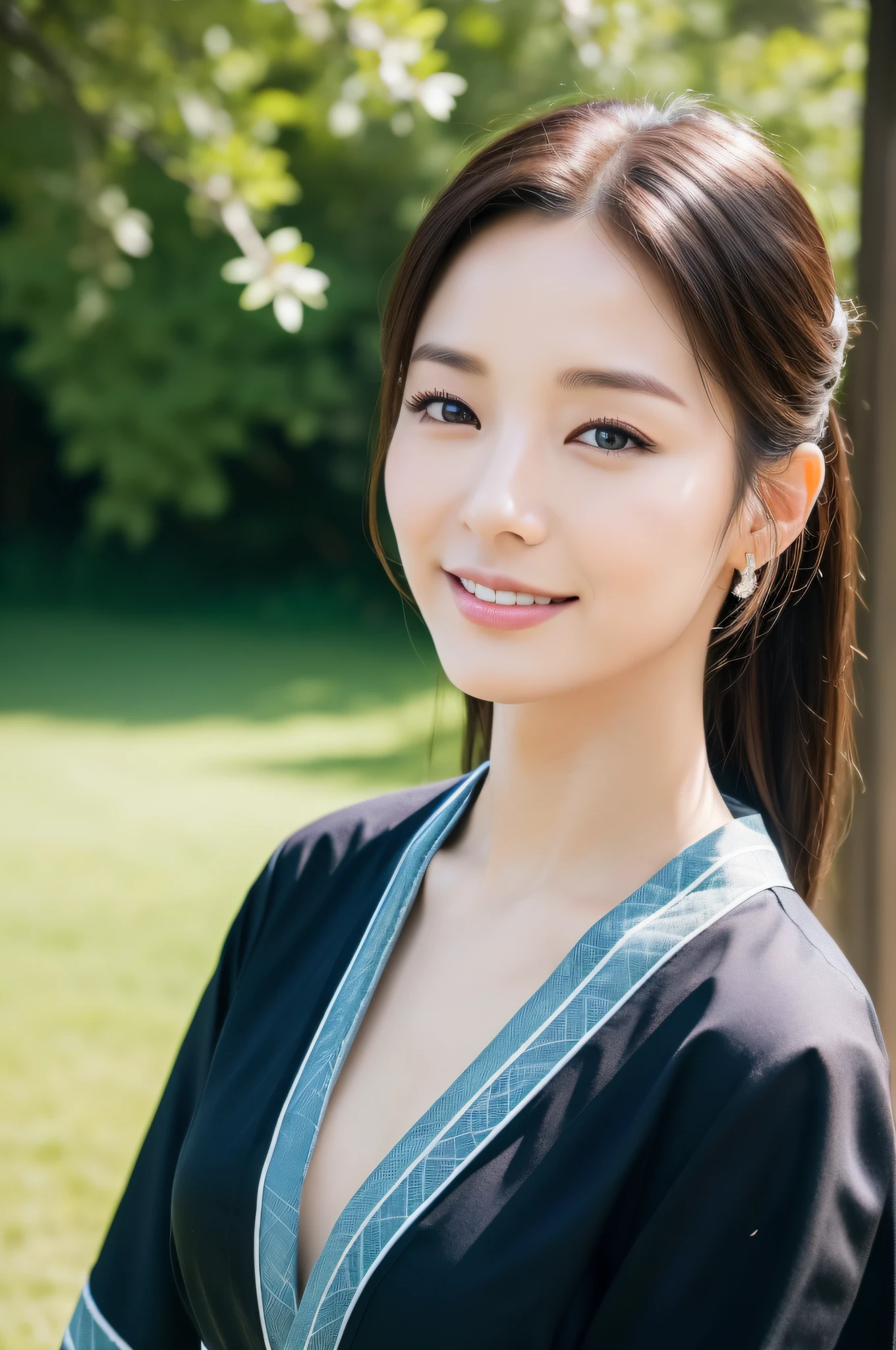 ((Top Quality, 8K, Masterpiece: 1.3)), Sharp Focus: 1.2, (Super Beautiful Face: 1.0), (Slender Abs Beauty: 1.0), (Shiny Skin: 1.0), Realistic Photography, Black Hair, Realistic Pupils, Video Lighting, High Definition Eyes and Face, Video Lighting,  (Cowboy Shot: 1.0), kimono, hakama, obi, happy in nature