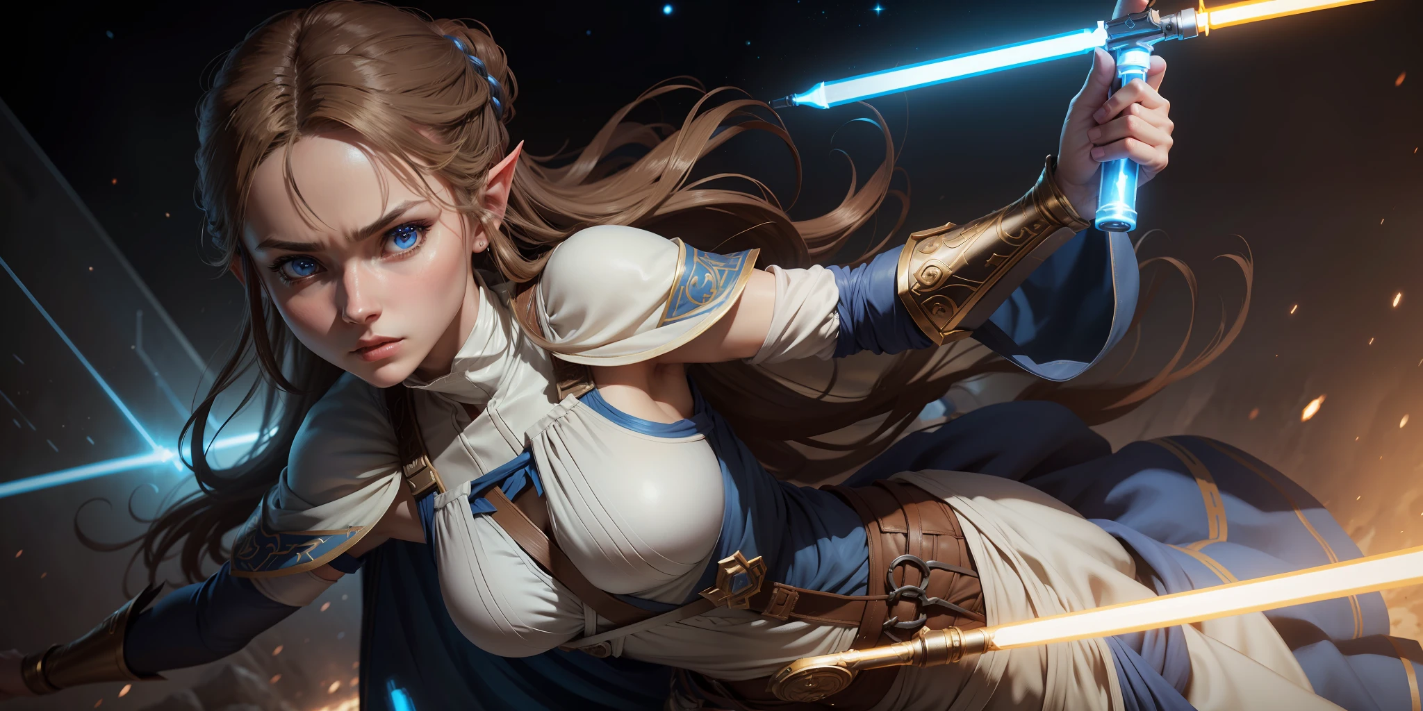 A full-body shot of Princess Zelda, brown hair, blue eyes, dressed as Rey Skywalker, 30 years old, mature, XL bust, using a blue light saber, ready to battle, fighting stance, Background: Inside a space station, Unreal Engine 5, Anime, Anime style, Masterpiece, Well drawn eyes, well drawn face, well detailed eyes, well detailed face, 8k, light and shadow effect.