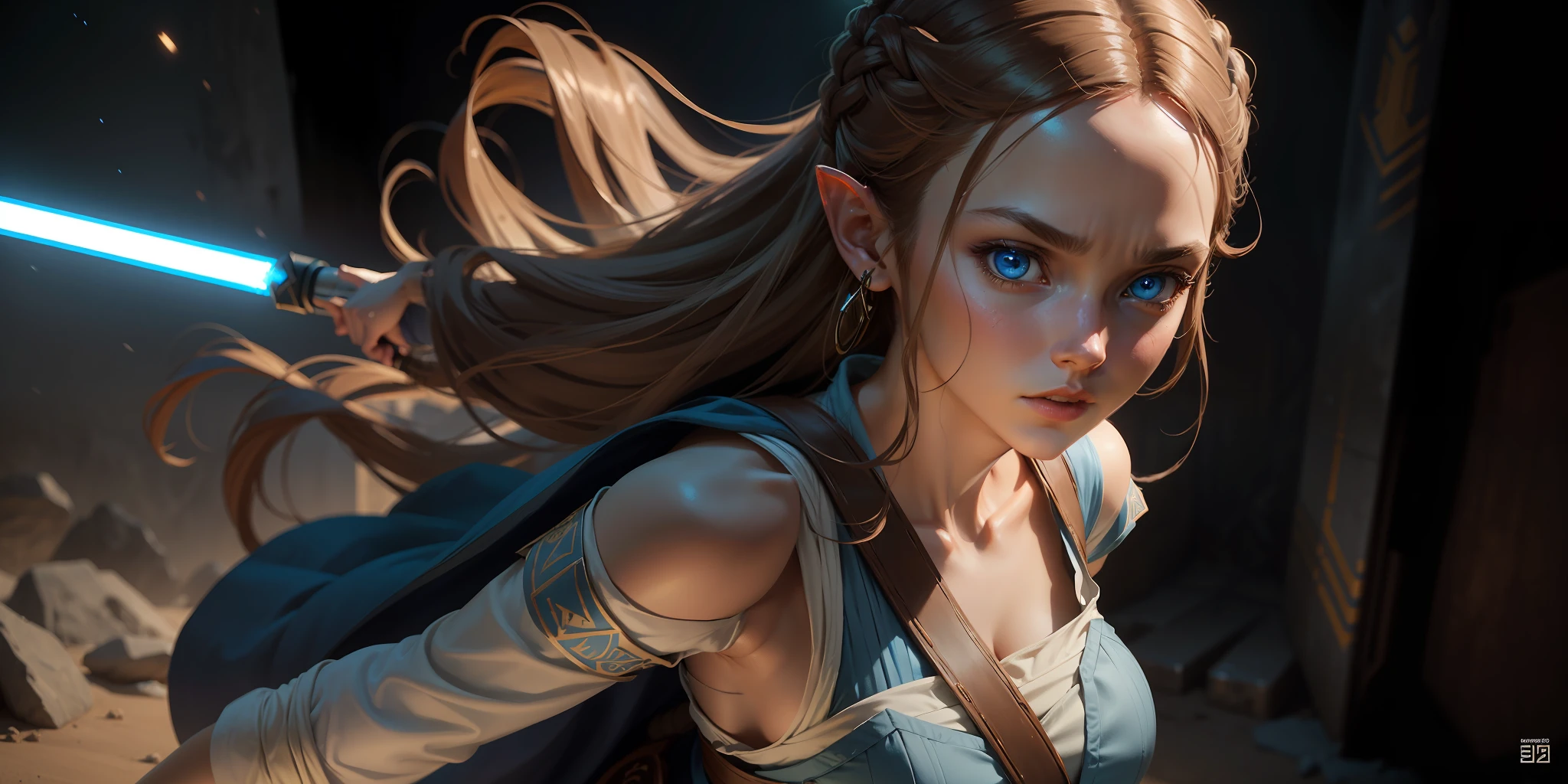 A full-body shot of Princess Zelda, brown hair, blue eyes, dressed as Rey Skywalker, 30 years old, mature, XL bust, using a blue light saber, ready to battle, fighting stance, Background: Inside a space station, Unreal Engine 5, Anime, Anime style, Masterpiece, Well drawn eyes, well drawn face, well detailed eyes, well detailed face, 8k, light and shadow effect.