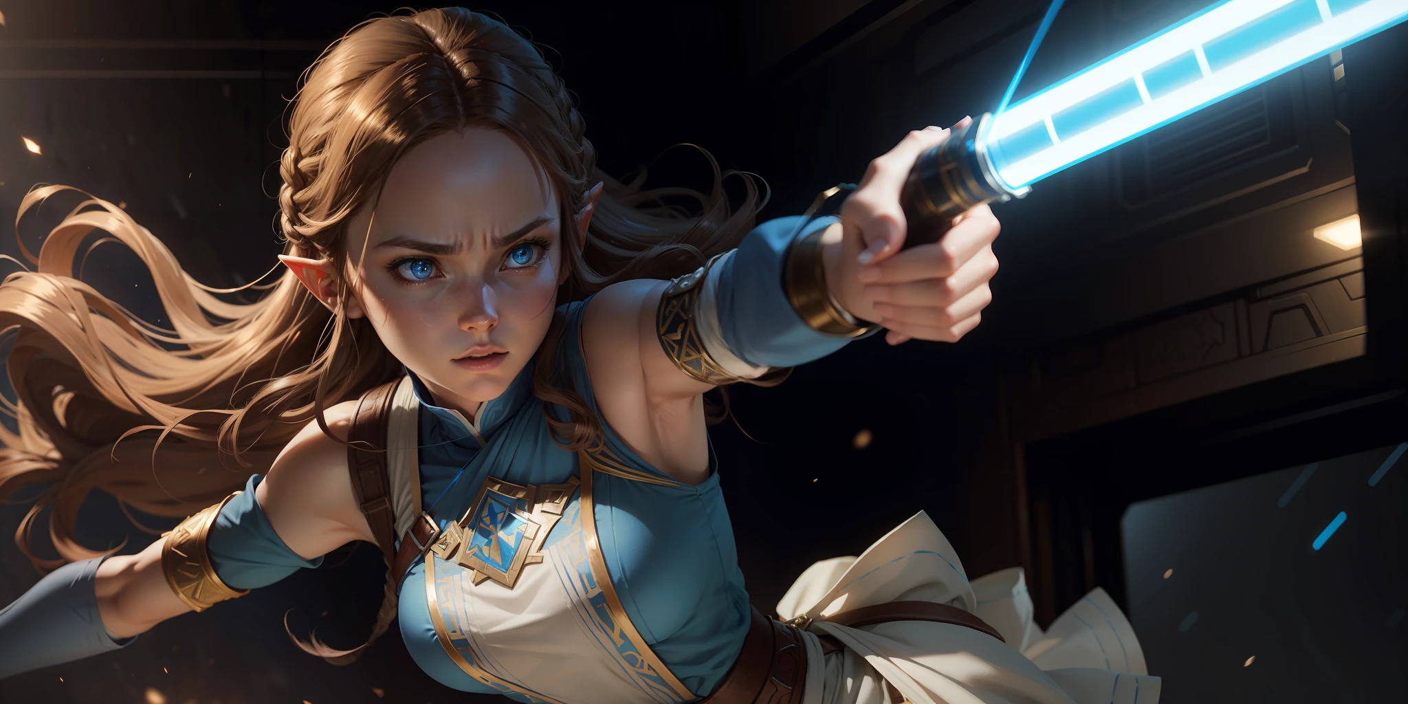 A full-body shot of Princess Zelda, brown hair, blue eyes, dressed as Rey Skywalker, 30 years old, mature, XL bust, using a blue light saber, ready to battle, fighting stance, Background: Inside a space station, Unreal Engine 5, Anime, Anime style, Masterpiece, Well drawn eyes, well drawn face, well detailed eyes, well detailed face, 8k, light and shadow effect.