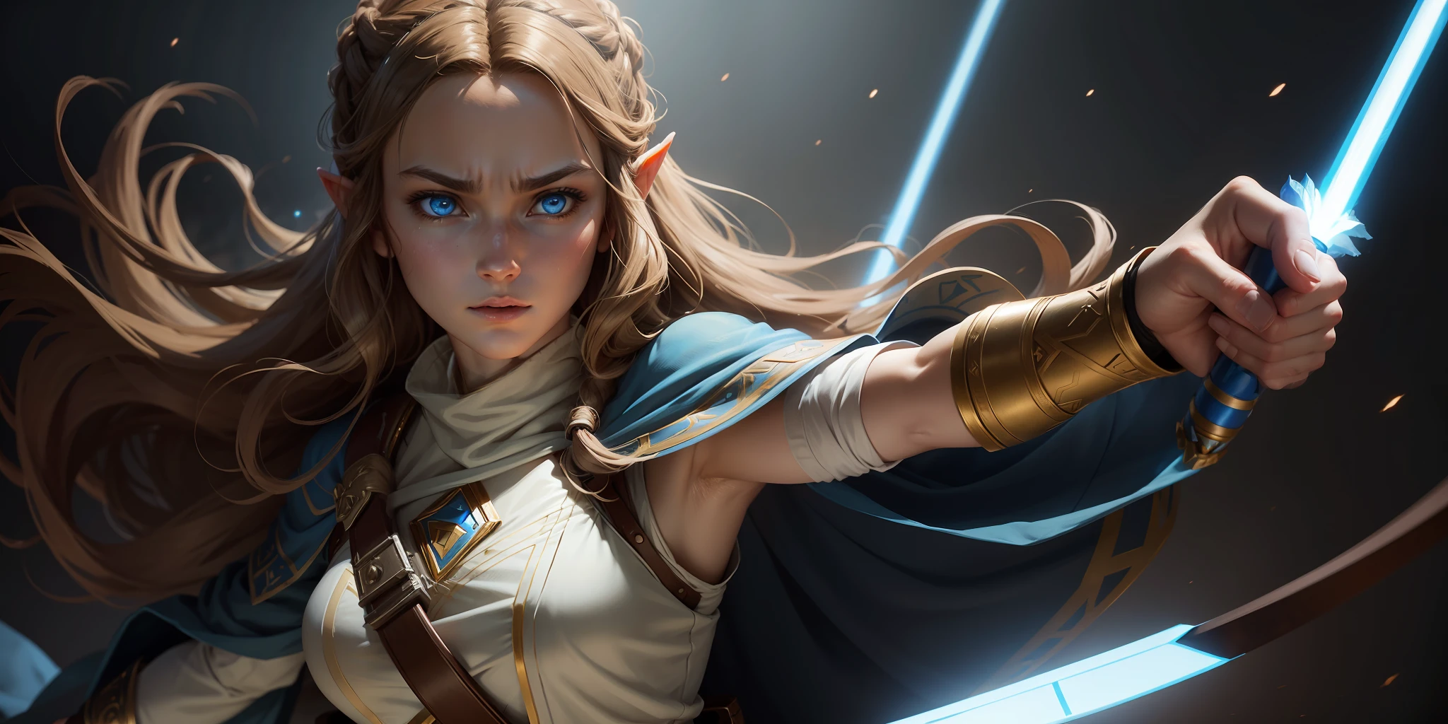 A full-body shot of Princess Zelda, brown hair, blue eyes, dressed as Rey Skywalker, 30 years old, mature, XL bust, using a blue light saber, ready to battle, fighting stance, Background: Inside a space station, Unreal Engine 5, Anime, Anime style, Masterpiece, Well drawn eyes, well drawn face, well detailed eyes, well detailed face, 8k, light and shadow effect.