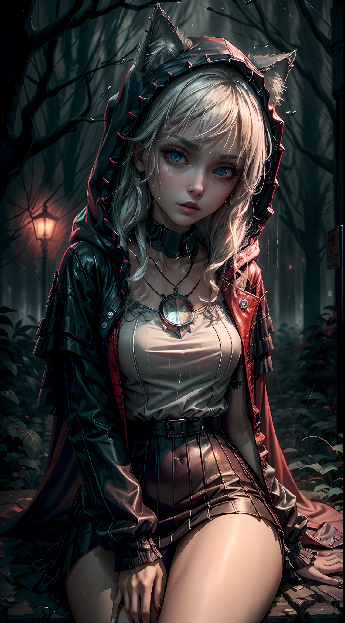 ((Best Quality)), ((Masterpiece)), (Very Detailed: 1.3), 3D, NeonNoir, Beautiful Cyberpunk Loli, Wolf, (Spooky Pendant on Chest: 1.2), (Diamond-Shaped Pupils: 1.2), (Wearing Long Red Hooded Cloak: 1.2), (Wearing Hood: 1.2), Street Lamps Flashing Eerily Light, (White Radiance: 1.1), Contemptuous Eyes, Raining, Sitting in the Forest, Sony Master Shot ,
