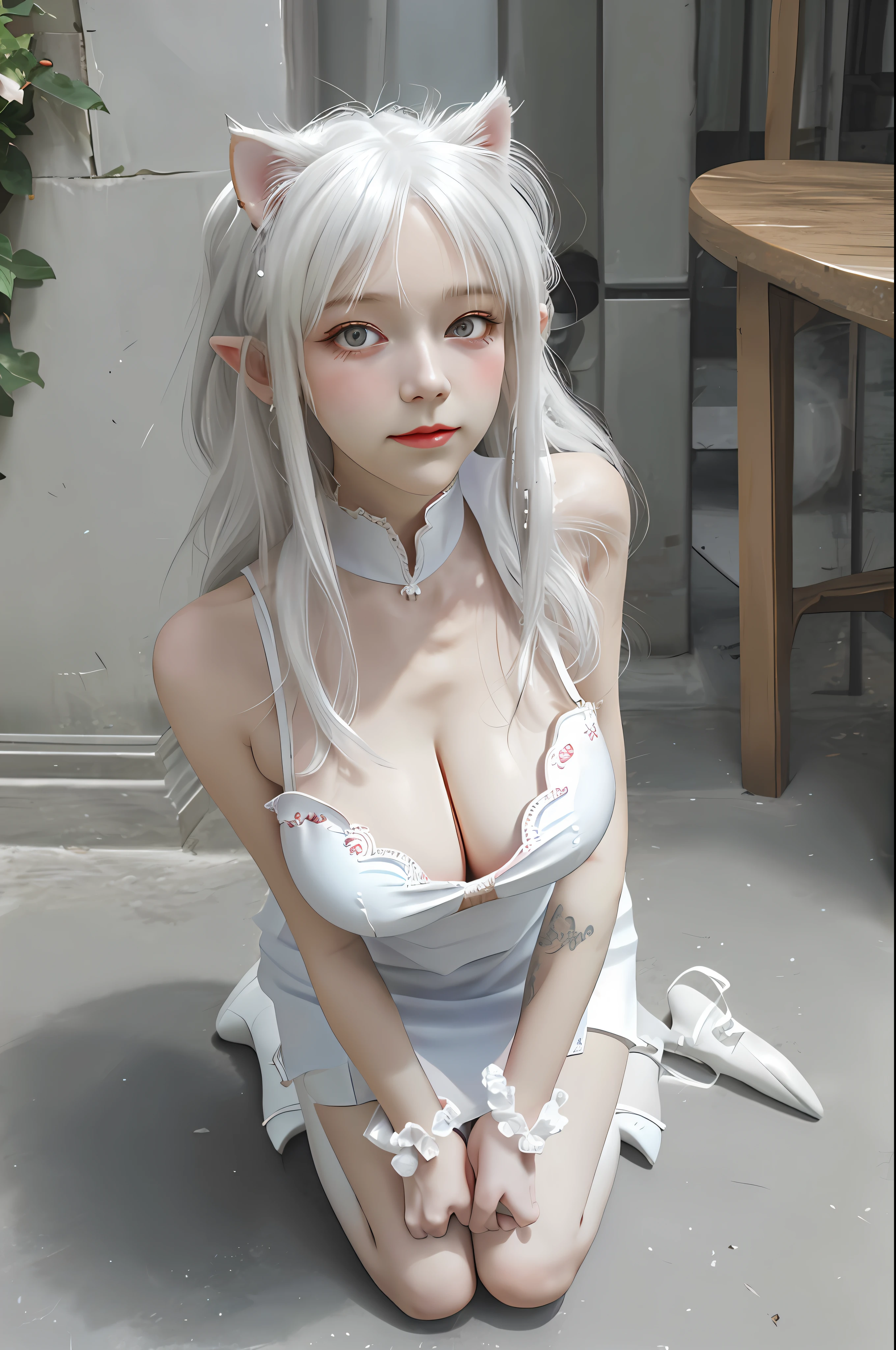 White hair, maid outfit, sexy and cute appearance, soft cute body, white stockings, bare feet, strangle, whole body, loli kneeling, big breasts, cleavage, overturned dinner plate, kneeling on the ground, crying, teary eyes, cat ears, areola, long hair and waist, low-cut clothing, high heels, blue cat eyes, HD pictures