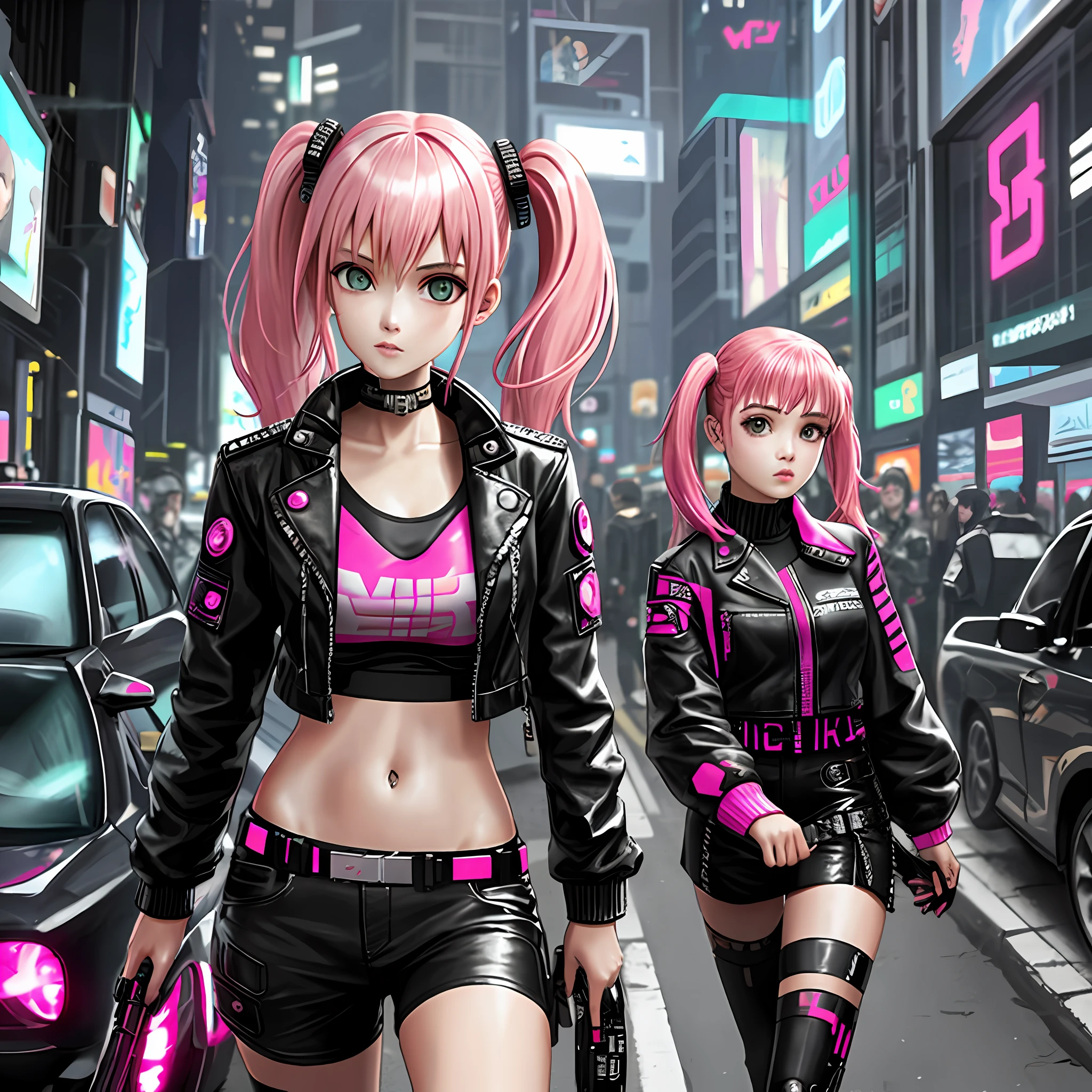 Cyberpunk 1 Girl Leather Jacket City Cute Pink Hair Twin Tails Beauty