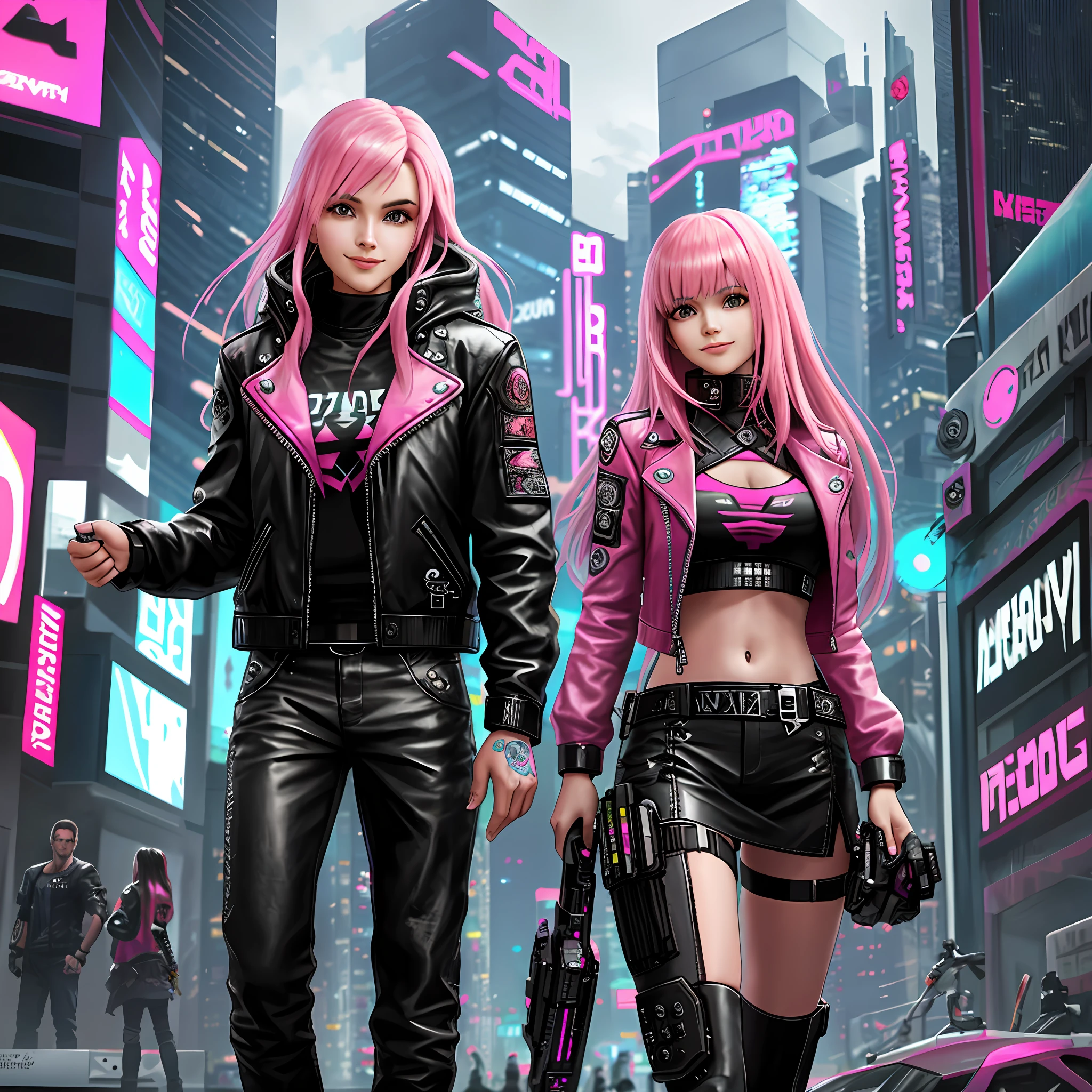 Cyberpunk 1 Girl Leather Jacket Long Hair City Cute Pink Hair Smile