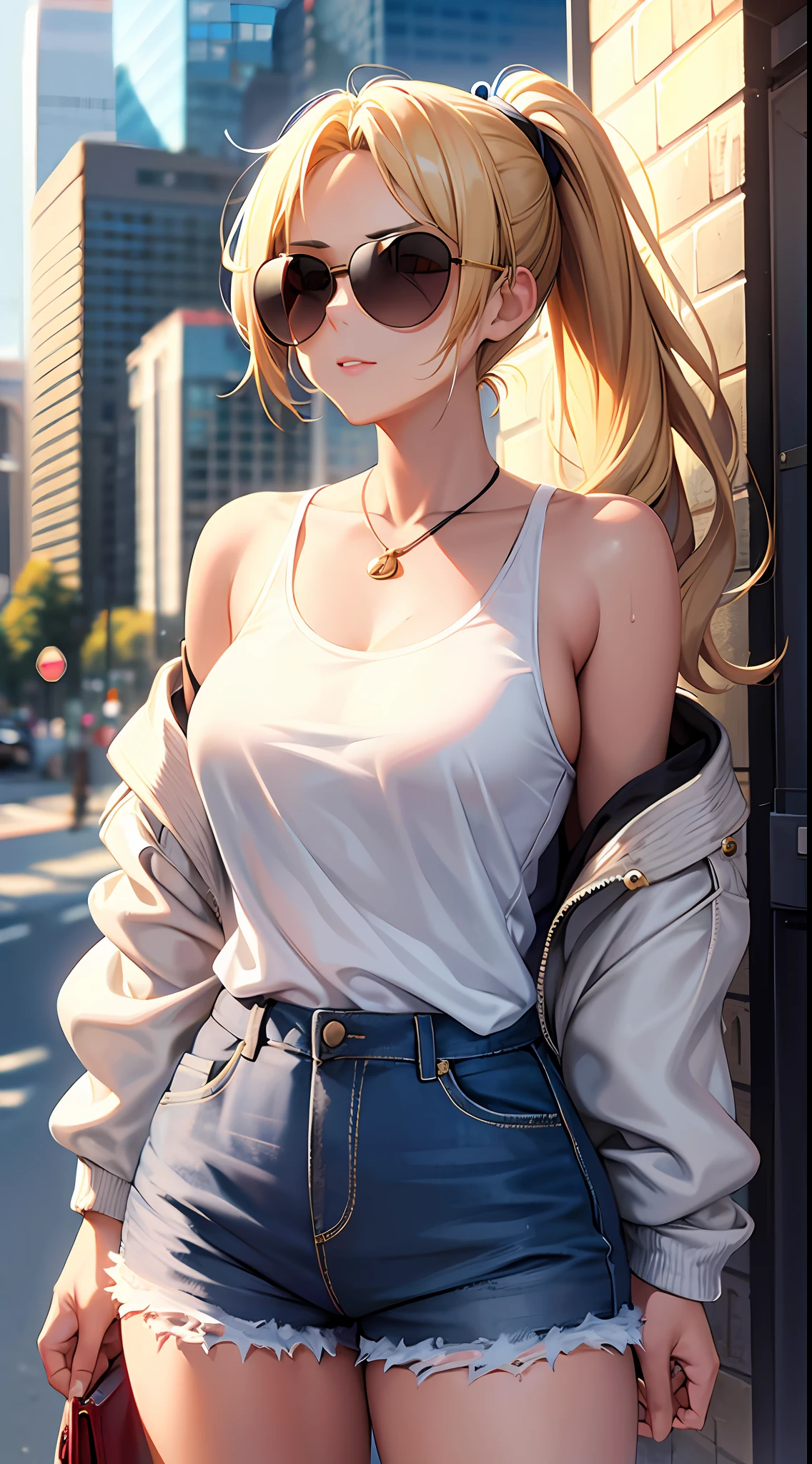 1girl, masterpiece, best quality, medium full shot, blonde ponytail, off shoulder jacket, tank top, shorts, sunglasses, busty, city background