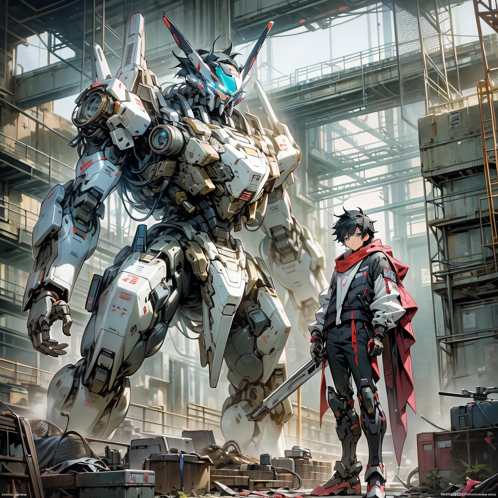 Best Quality: 1.0), (Ultra High Resolution: 1.0), Anime Style, 1boy, Short Black Hair, Blue Eyes, Boy with Prosthetic Legs, Boy Stands Huge Mecha Behind Back, Modern Mecha Anime, Cyberpunk, Mecha Style, Background in Ruins, Mecha Aesthetics, Mecha Parts, --auto --s2