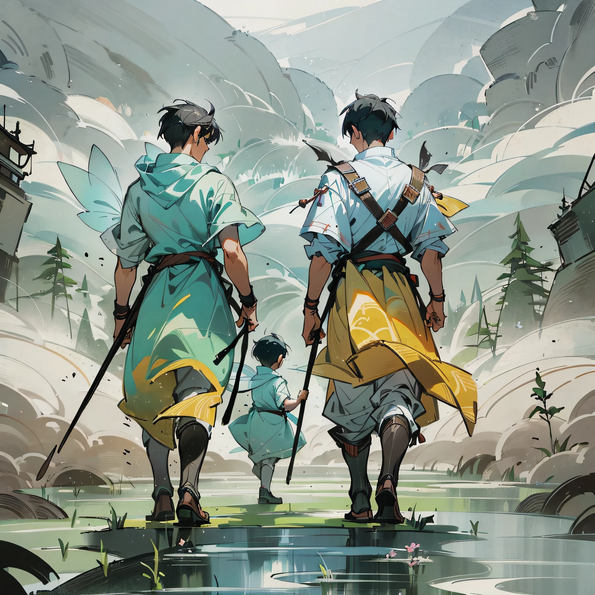 High-quality, fairy-level ancient world, lifelike picture. Three Asian men dressed in ancient costumes walked towards the eerie mountains, their backs