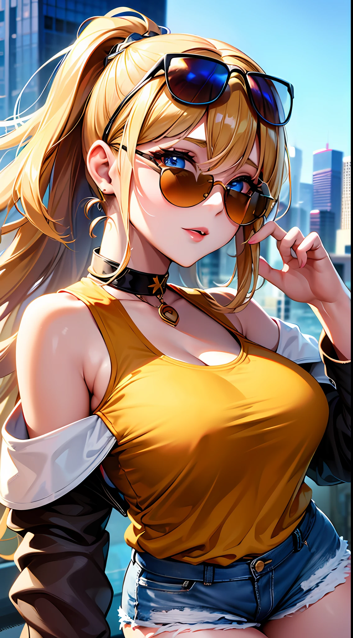 Best quality, high resolution, masterpiece, best detail, 8k, closeup, a girl, blonde, beautiful, gorgeous dress, glowing, (off-the-shoulder jacket, tank top, shorts, sunglasses, busty), city background