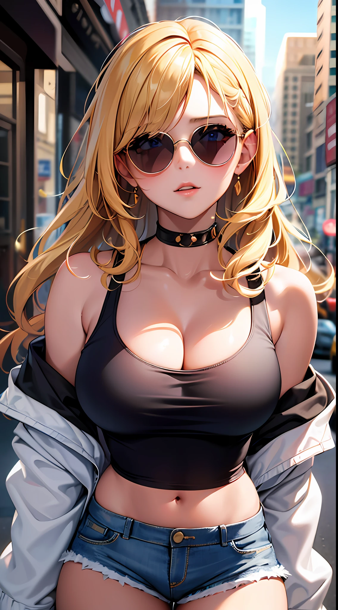 Best quality, high resolution, masterpiece, best detail, 8k, closeup, a girl, blonde, beautiful, gorgeous dress, glowing, (off-the-shoulder jacket, tank top, shorts, sunglasses, busty), city background