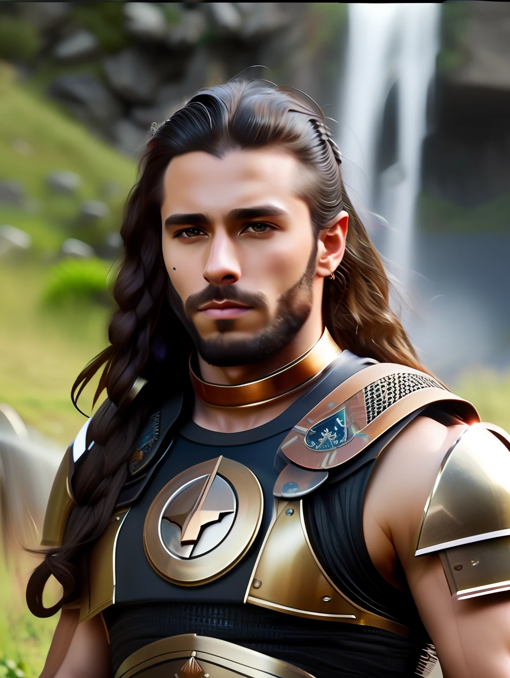 fking_scifi, fking_scifi_v2, portrait of a young, muscular very handsome and attractive Athenian warrior man, in front of a beautiful waterfall, long messy hair, hairy body, rich colorful and bronze jewelry, close up, regal pose and attitude. fking_cinema_v2. , very strong and fitted, intense action, dynamic juxtaposition, warrior helmet and a sword, fierce, tumblr contest winner, hurufiyya, very strong fitted and masculine, movie still, cinematic lighting. photograph, detailed symmetric realistic face, extremely detailed natural texture, peach fuzz, long waived hair, masterpiece, absurdres, nikon d850 film stock photograph, kodak portra 400 camera f1.6 lens, extremely detailed, amazing, fine detail, intense actio, hyper realistic lifelike texture, dramatic lighting, unrealengine, trending on artstation, cinestill 800 tungsten, looking at the viewer, photo realistic, RAW photo, TanvirTamim, high quality, highres, sharp focus, extremely detailed, cinematic lighting, action, 8k uhd,-imagine-