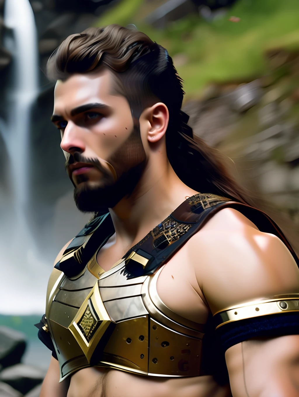 fking_scifi, fking_scifi_v2, portrait of a young, muscular very handsome and attractive Athenian warrior man, in front of a beautiful waterfall, long messy hair, hairy body, rich colorful and bronze jewelry, close up, regal pose and attitude. fking_cinema_v2. , very strong and fitted, intense action, dynamic juxtaposition, warrior helmet and a sword, fierce, tumblr contest winner, hurufiyya, very strong fitted and masculine, movie still, cinematic lighting. photograph, detailed symmetric realistic face, extremely detailed natural texture, peach fuzz, long waived hair, masterpiece, absurdres, nikon d850 film stock photograph, kodak portra 400 camera f1.6 lens, extremely detailed, amazing, fine detail, intense actio, hyper realistic lifelike texture, dramatic lighting, unrealengine, trending on artstation, cinestill 800 tungsten, looking at the viewer, photo realistic, RAW photo, TanvirTamim, high quality, highres, sharp focus, extremely detailed, cinematic lighting, action, 8k uhd,-imagine-
