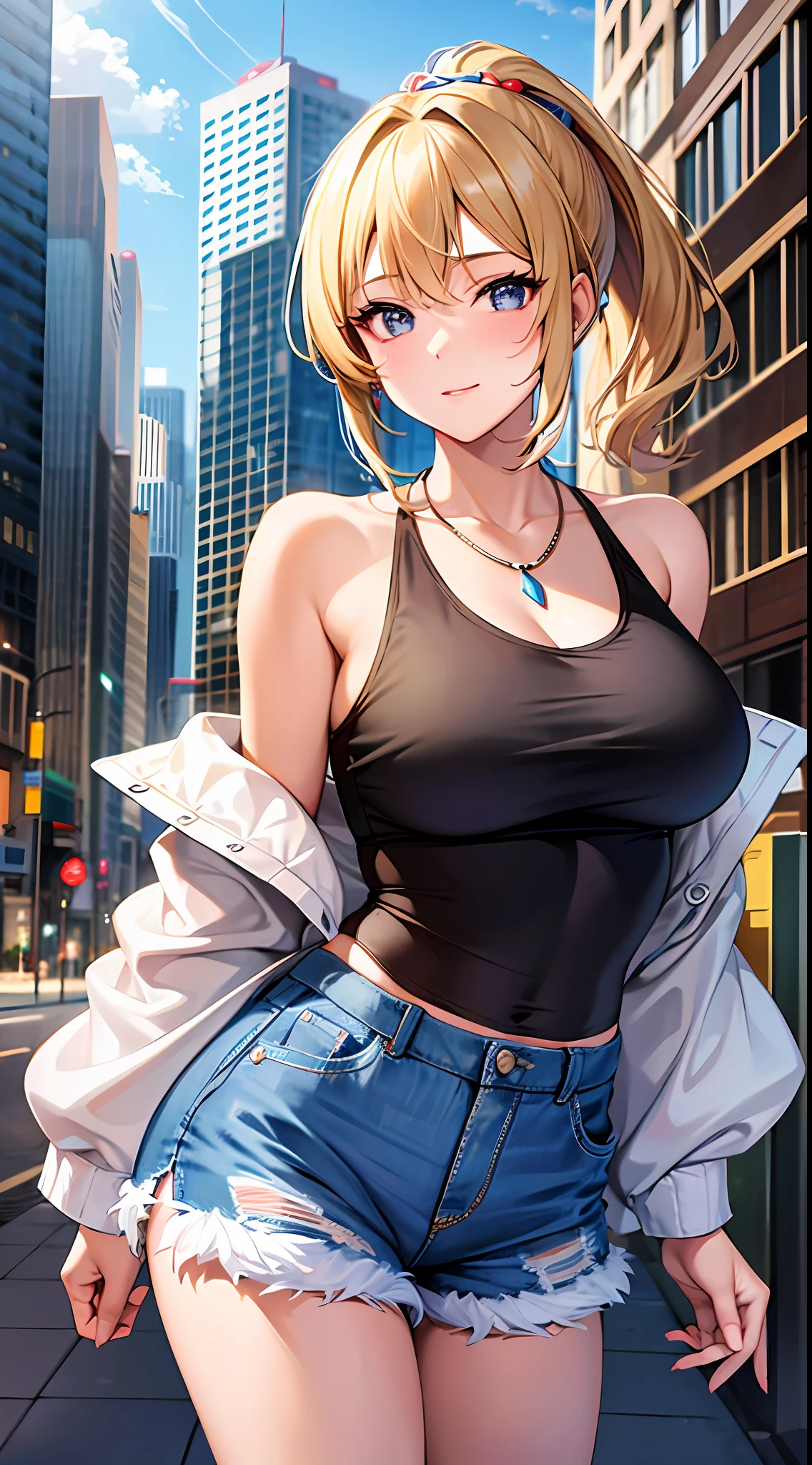 1girl, masterpiece, best quality, medium full shot, blonde ponytail, off shoulder jacket, tank top, shorts, necklace, busty, city background
