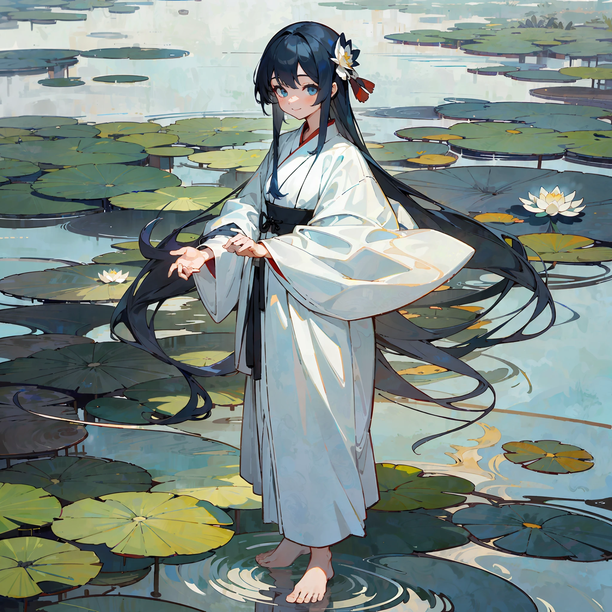 ((4k,masterpiece,best quality)), shuimobysim, traditional chinese ink painting, lotus, hanfu, maxiskit, dress conservatively 1girl, solo, long blue hair, smile, standing, feet in the water, barefoot, --auto --s2