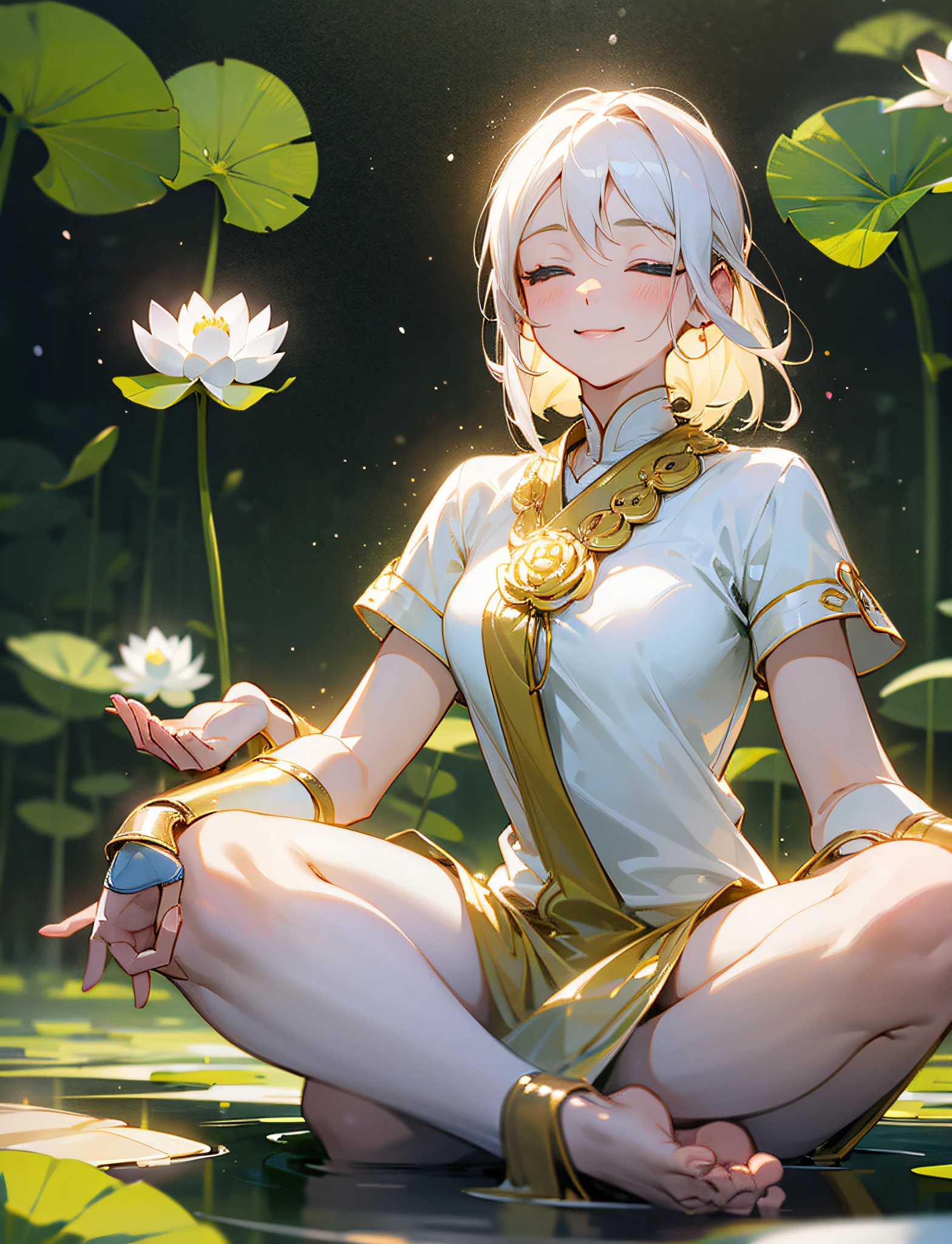 Woman in white shirt, sitting facing in lotus pose meditating, with eyes closed, floating above the ground, happy, smiling slightly, photorealistic, bokeh, particles of light --auto --s2