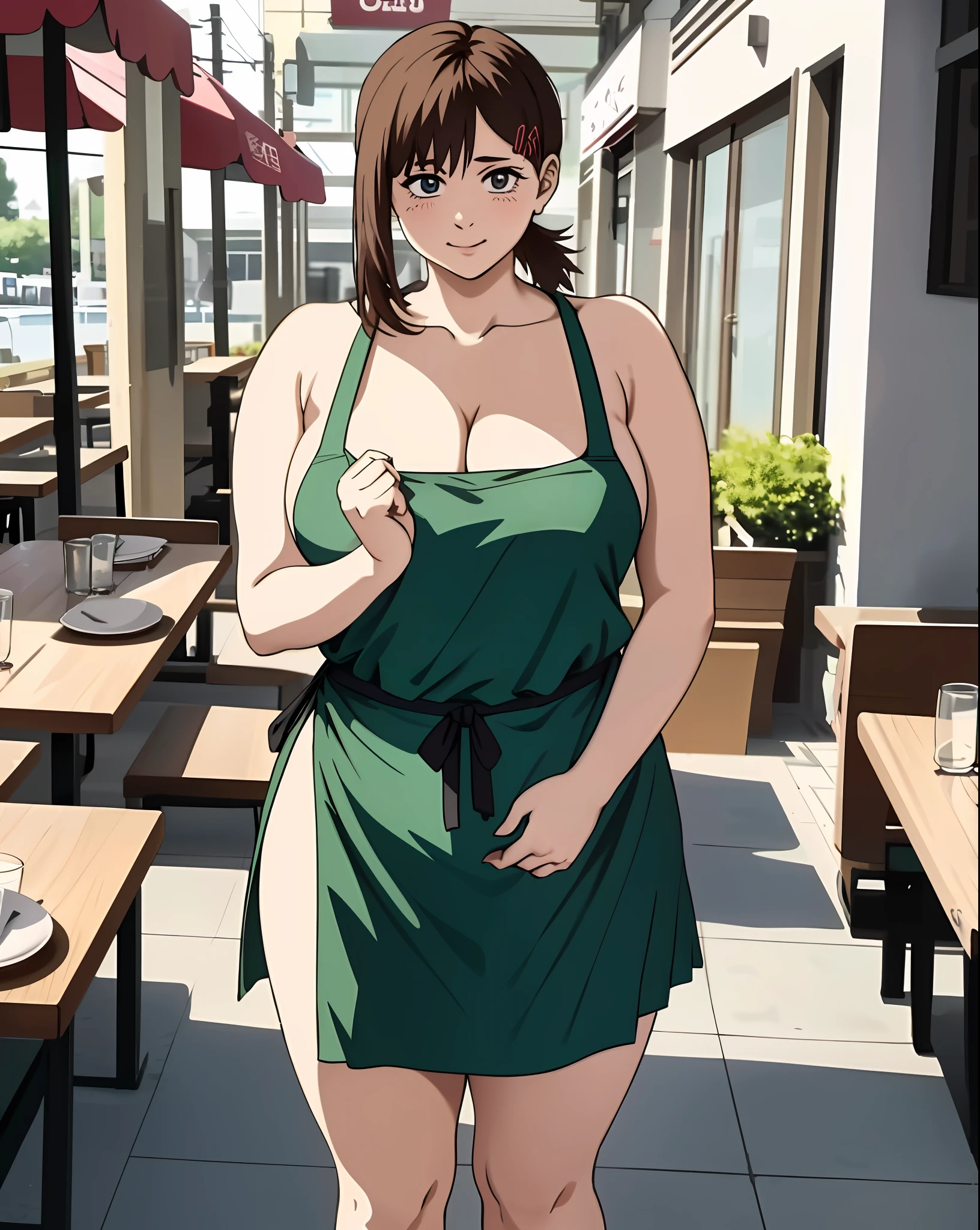 1girl, (carrying a tray),waitress,bikini, restaurant, modeling, wearing an apron, sexy, full body masterpiece, cute figure, face facing the viewer, provocative look, chubby thighs, (chubby waist), a beautiful chubby, (happy),manos perfectas