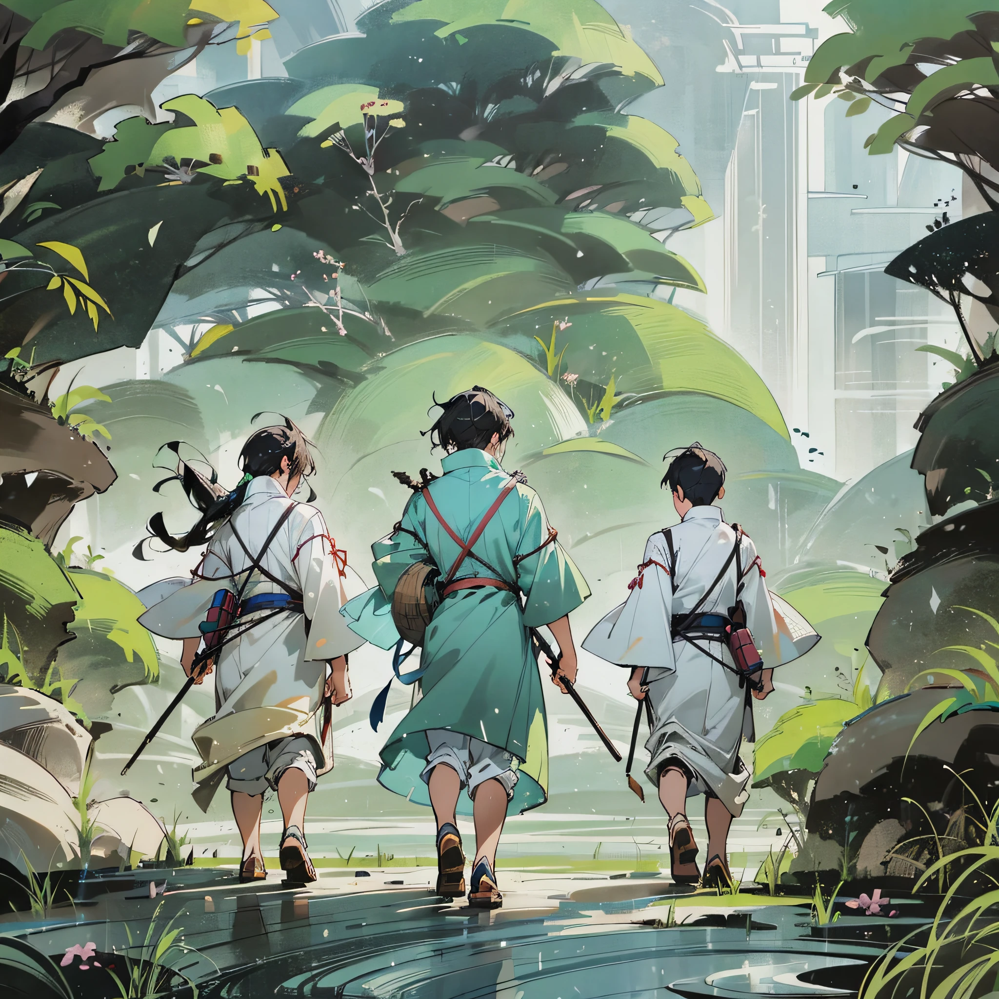 High-quality, fairy-level ancient world, lifelike picture. Three Asian men dressed in ancient costumes walked towards the eerie mountains, their backs