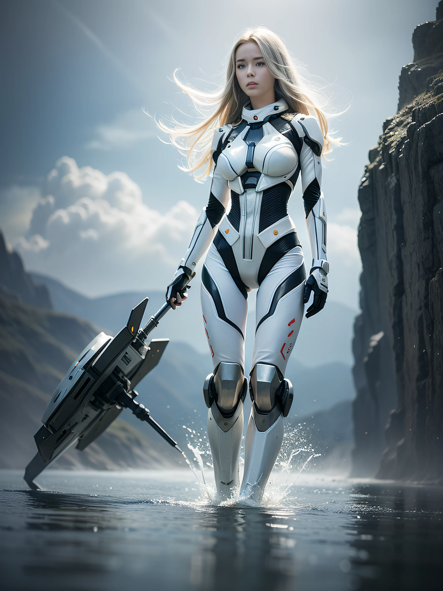 A beautiful girl, full breasts, dressed in a silver sci-fi style costume, standing on an endless surface of water, floating mist, holding a heavy ion weapon, next to a pedestrian robot, inspired by scenes from the movie Interstellar, rich in detail