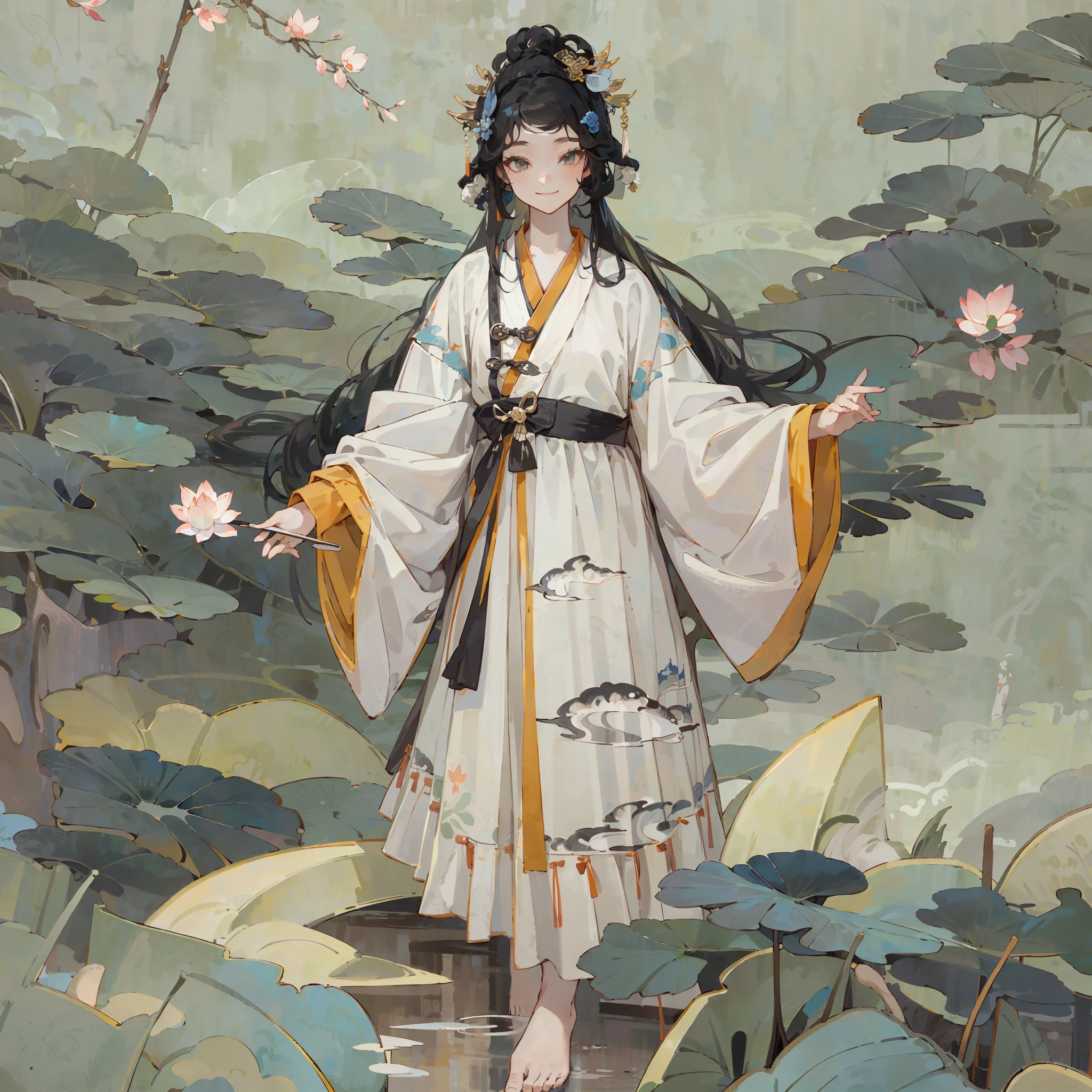 ((4k,masterpiece,best quality)), shuimobysim, traditional chinese ink painting, lotus, hanfu, maxiskit, dress conservatively 1girl, solo, long blue hair, smile, standing, feet in the water, barefoot, --auto --s2