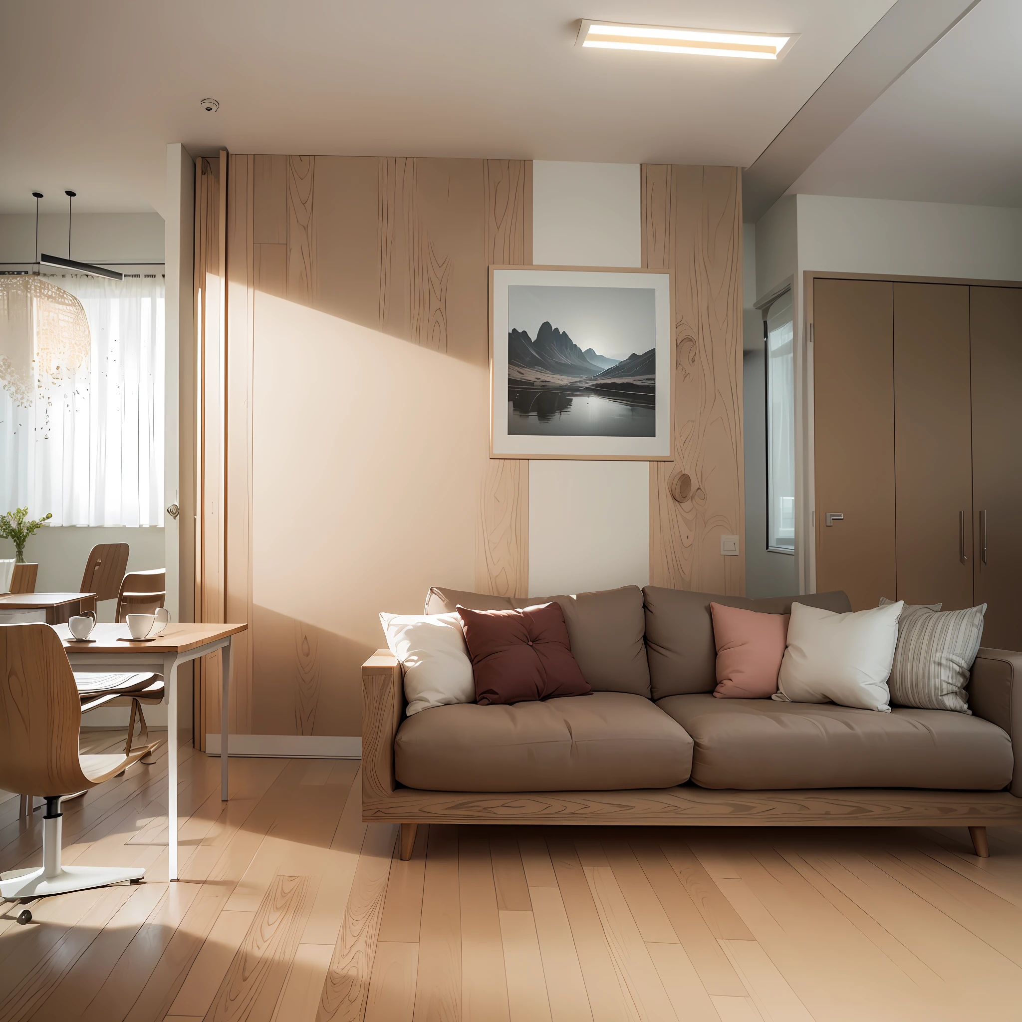 a sketch of a beautiful modern living room, (((foster and partners, artists impression, artistic impression, by Hamish MacDonald, by Carey Morris, by David Brewster, higher detailed illustration, by Helen Berman, an illustration, detailed illustration, by Nick Fudge, by Warren Mahy, artist's impression))), a red kitchen cabinet behind the white sofa, with minimal pictures on the wall, linen curtain next to the classroom window, coffee table, modern wood, ceiling with magnetic emissive lighting, white fabric PRB textures, wooden floor PRB texture, --auto --s2