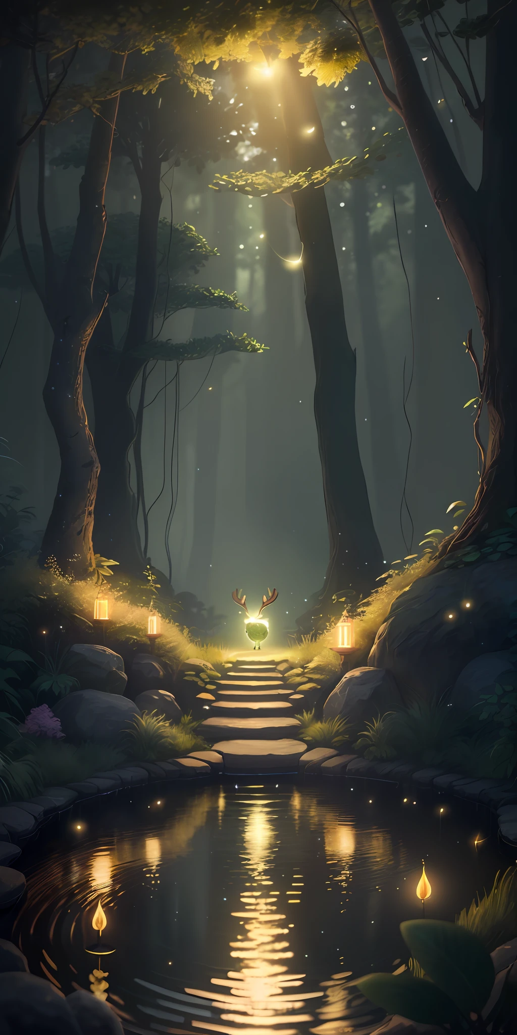 Masterpiece, best quality, (very detailed CG unity 8k wallpaper), (best quality), (best illustration), (best shadows), glow sprite, with a glowing deer, in the swimming pool Drinking water, natural elements in the forest theme. Mysterious forest, beautiful forest, nature, surrounded by flowers, delicate leaves and branches surrounded by fireflies (natural elements), (jungle theme), (leaves), (twigs), (fireflies), (particle effects) etc. 3D , Octane rendering, ray tracing, super detailed --v6
