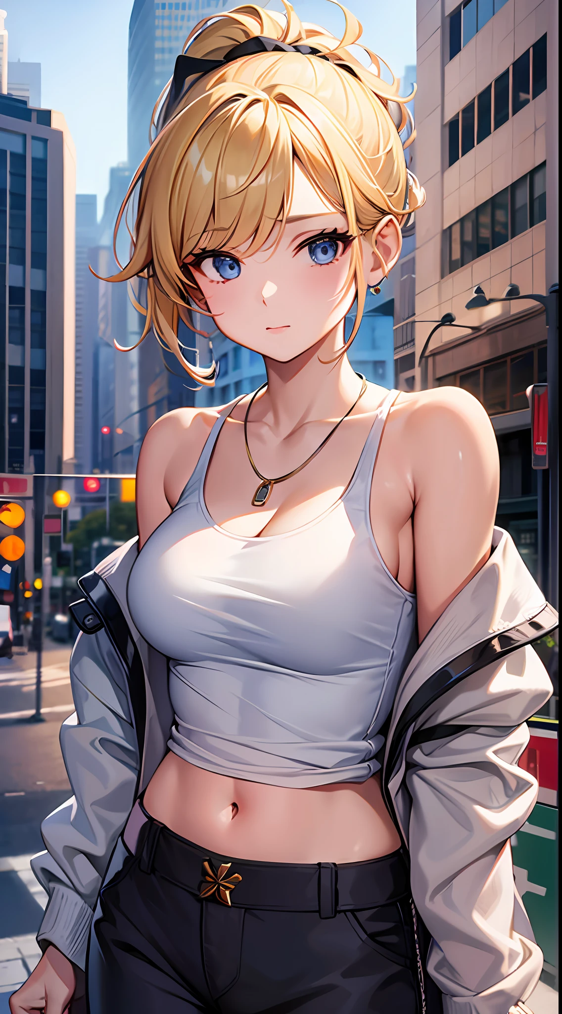 1girl, masterpiece, best quality, medium full shot, blonde ponytail, off shoulder coat, tank top, pants, necklace, busty, city background