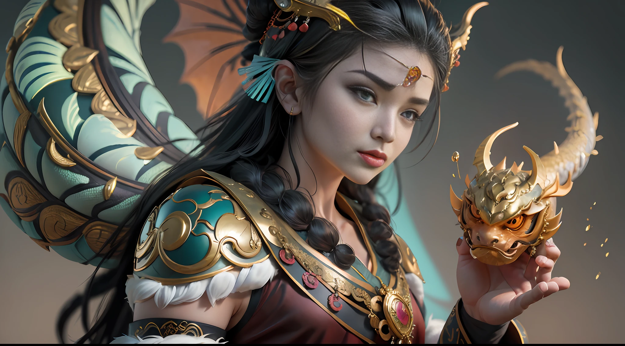 Masterpiece, highest quality, super detail, trend, art station, an ancient Chinese dragon trainer beauty, bust photo, beautiful eyes, symmetry, Tang dynasty costume, holding a large jewel full of magic in his hand, a small dragon behind him, professional lighting, professional photography, (realistic: 1.5), octane rendering, (CG art: 1.2), --auto --s2
