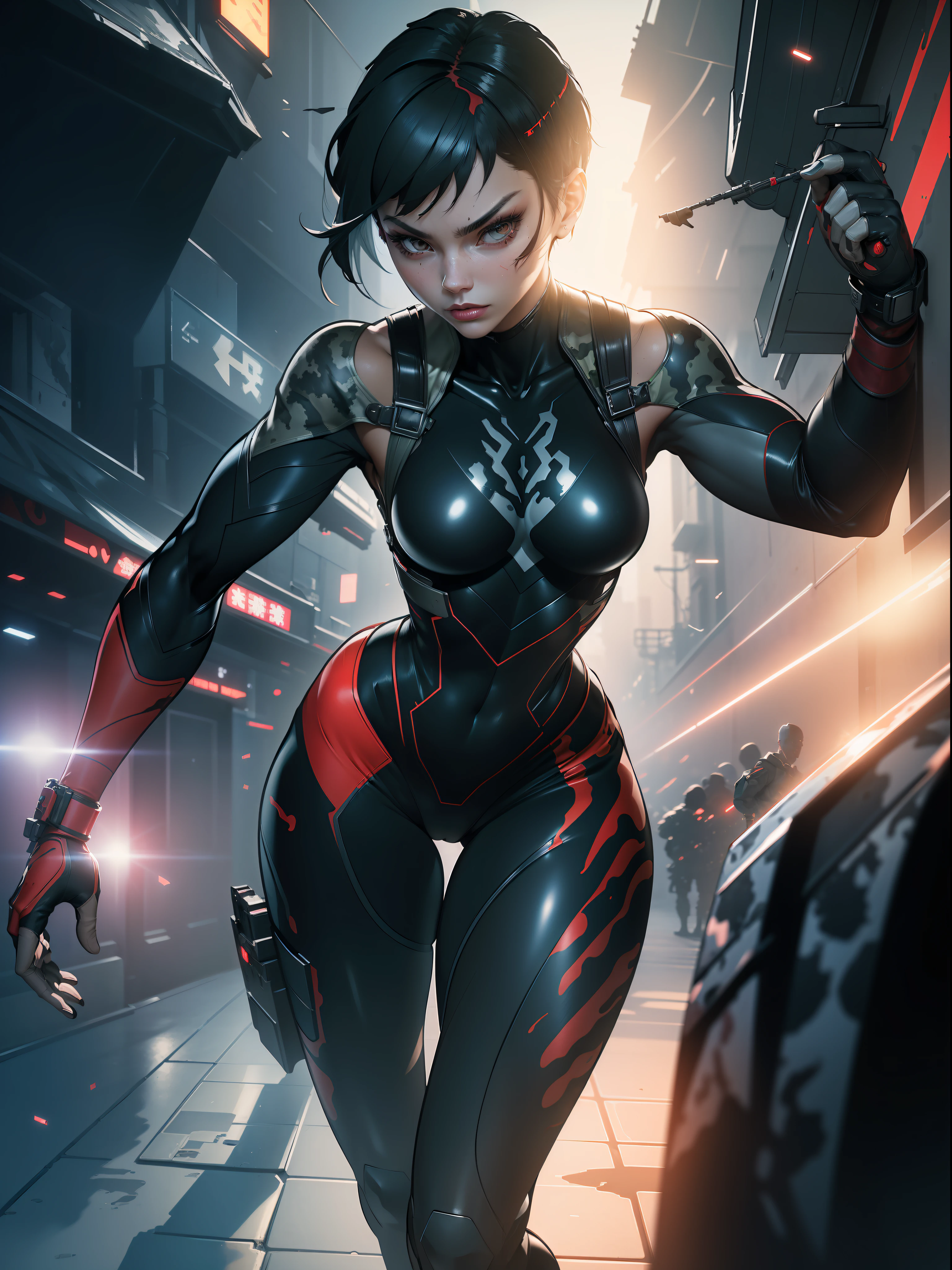 (((short-cut))), (((Red military camouflage pattern))), ((Best quality)), ((masterpiece)), (detailed: 1.4), (Absurd), Margot Robbie, perfect face, girl, silver, black technological mask with paint dripped from a white skull, graffitti ,shiny tanned skin, sweaty, sculptural body defined muscle, (((full body)))), half-thick naked thighs, closed mouth, muscular body mechanical overalls of camouflaged red fabric and silver open to the navel, generous neckline, ((perfect medium breasts)), (((fully camouflaged black clothing)), (((super short hair))), long eyelashes and black heavy makeup, (((niji style --V5)))), close to real, psychopathic, crazy face, sexy pose, technological background giant robot repair station, jaggers, 2 pieces clothing, centralized, scale to fit the dimensions, HDR (High Dynamic Range),Ray Tracing,NVIDIA RTX, Super-Resolution,Unreal 5,Subsurface Dispersion, PBR Texture, Post-processing, Anisotropic Filtering, Depth of Field, Maximum Clarity and Sharpness, Multilayer Textures, Albedo and Specular Maps, Surface Shading, Accurate Simulation of Light-Material Interaction, Perfect Proportions, Octane Render, Two-Tone Lighting, Wide Aperture, Low ISO, White Balance, Rule of Thirds, 8K RAW, Crysisnanosuit