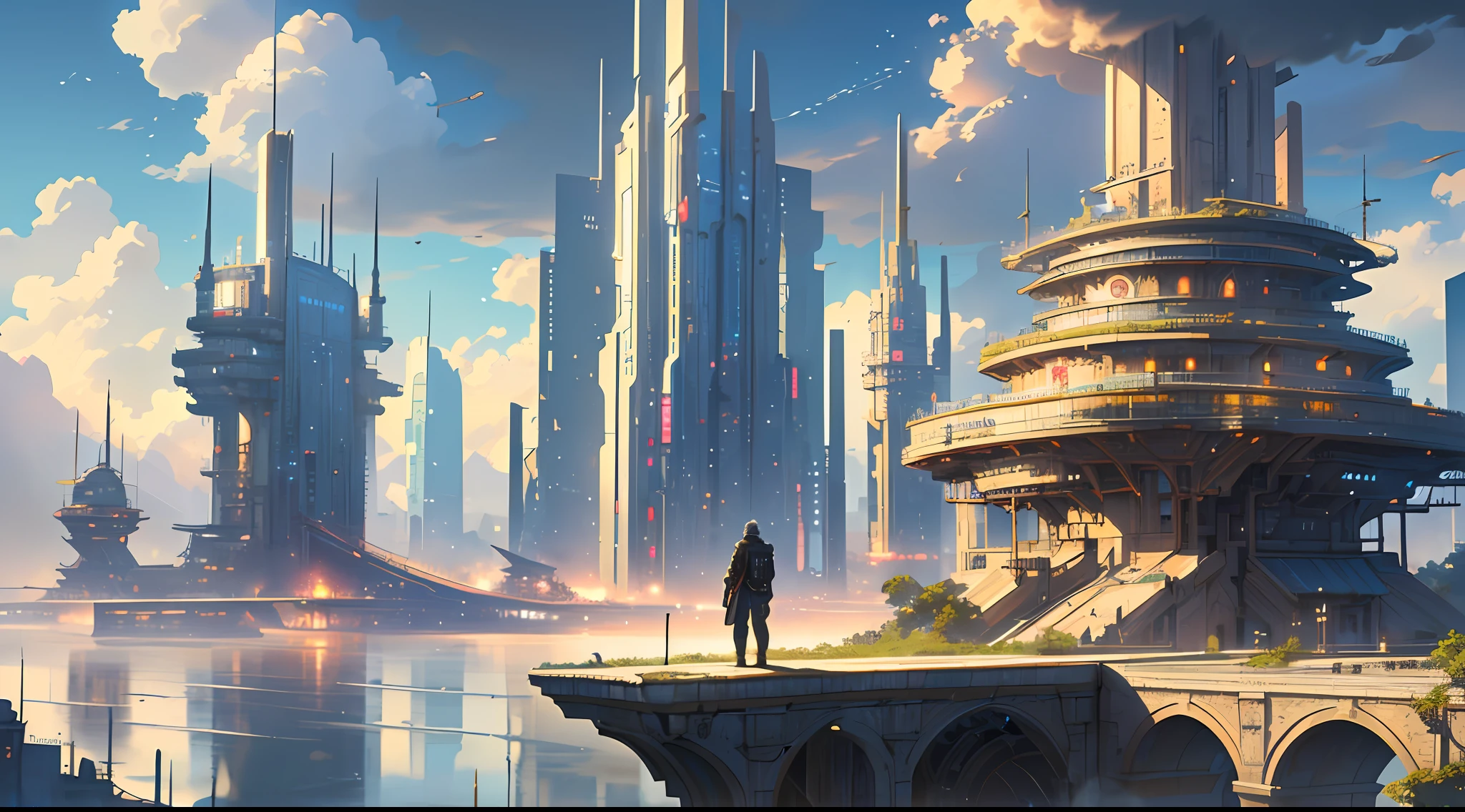 (8k unit wallpaper CG extremely detailed, masterpiece, best quality, ultra-detailed), (((solo)))), ((extremely wide shot:1.15)), a man on a bridge looking at a scifi city in the distance in the background, ((back view)), ((full body)), (high detail), (intricate details), intricate, magnificent scene, detailed environment, highly detailed environment, illustrator, (masterpiece).