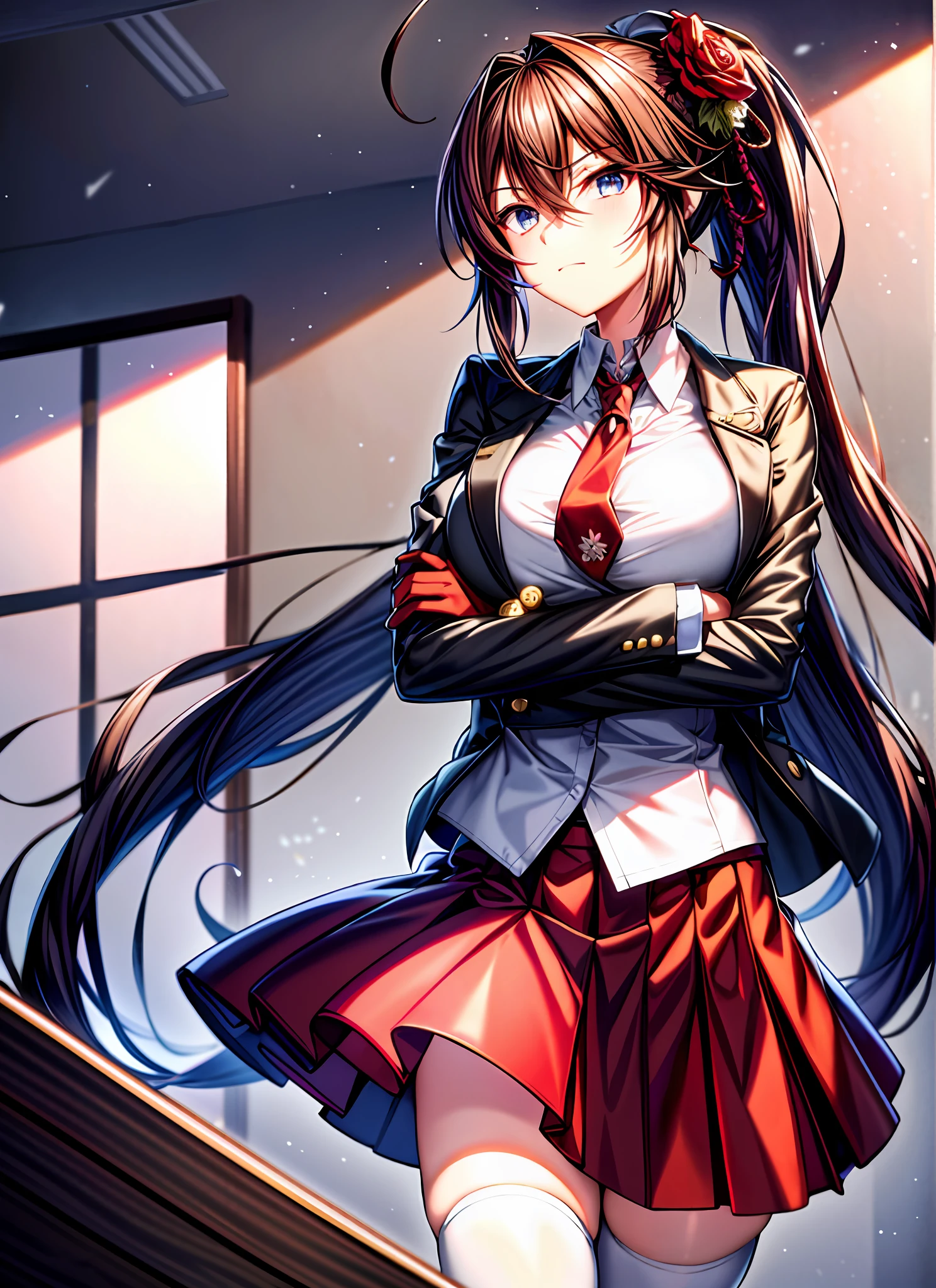 masterpiece, best quality, ultra-detailed, illustration, warm lighting, bright colors, 1girl,solo, long hair, very long hair, chifuyu, crossed arms, amused, sitting, office, office work,
action, ahoge, bangs, black_jacket, blue_eyes, breasts, brown_hair, brown_vest, buttons, closed_mouth, collared_shirt, double-breasted, dress_shirt, flower, gloves, hair_between_eyes, hair_flower, hair_ornament, hair_over_eyes, jacket, light_particles, long_sleeves, looking_at_viewer, necktie, plaid, plaid_skirt, pleated_skirt, ponytail, red_flower, red_necktie, red_rose, red_skirt, rose, shirt, skirt, thighhighs, vest, weapon, white_shirt, zettai_ryouiki,