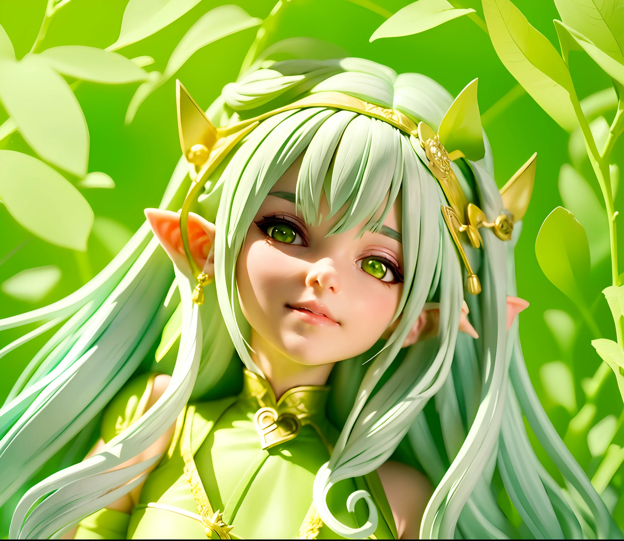 a close up of a person with a white hair and a green dress, she has elf ears and gold eyes, elf girl, anime cosplay, keqing from genshin impact, a portrait of an elf, portrait of an elf, elf princess, alluring elf princess knight, cosplay photo, elf queen, female elf, side portrait of elven royalty