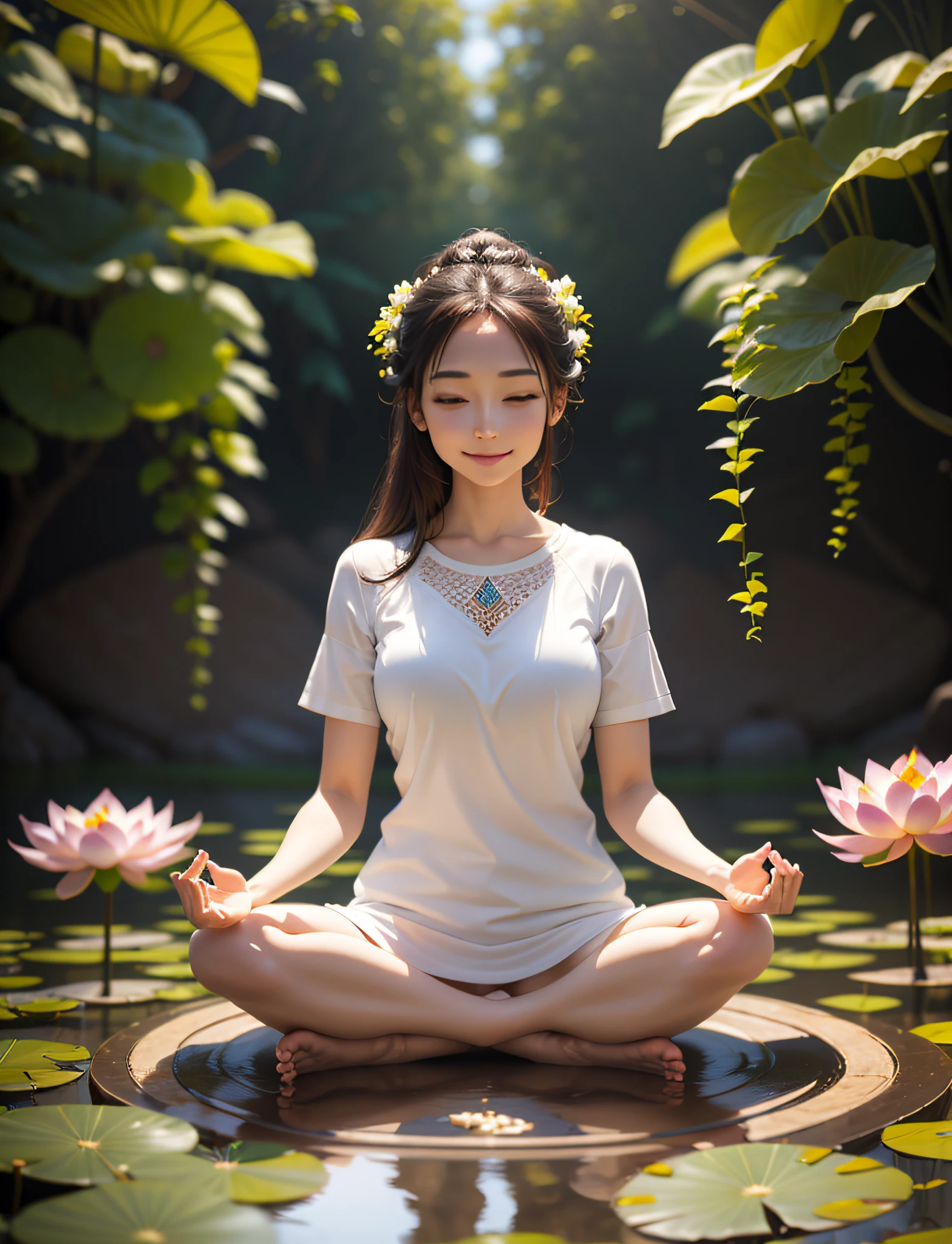Woman in white shirt, sitting facing in lotus pose meditating, with her eyes open looking at the viewer, floating above the ground, happy, smiling slightly, photorealistic, bokeh, particles of light