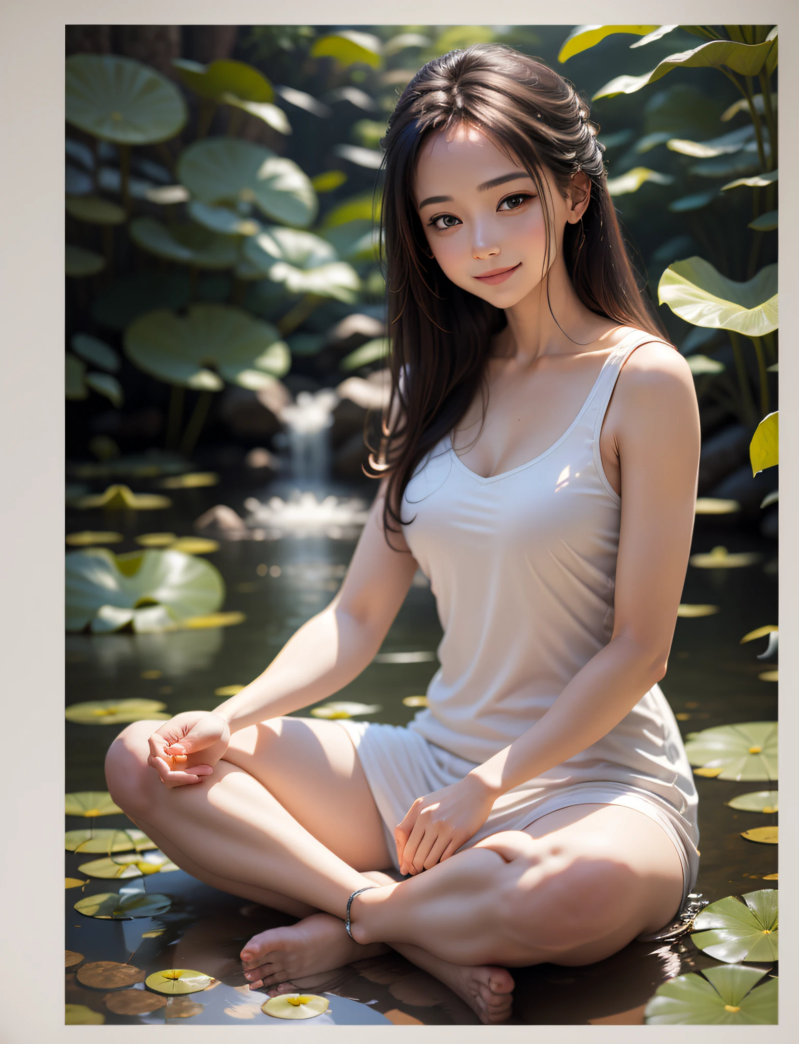 Woman in white shirt, sitting facing in lotus pose meditating, with her eyes open looking at the viewer, floating above the ground, happy, smiling slightly, photorealistic, bokeh, particles of light