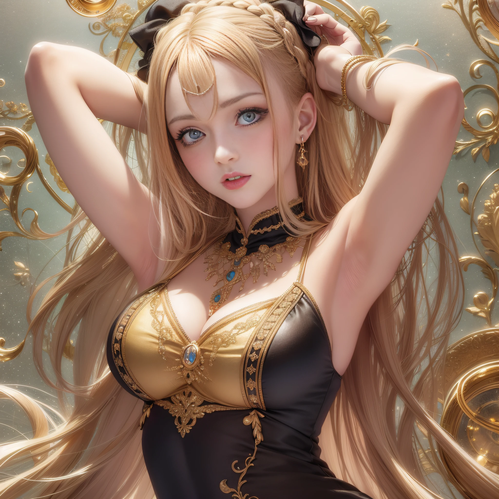best, Masterpieces, upperl body, (Adult: 1.6) Hungarian woman, (giggle: 0.4), Fold your arms behind your head, Golden braids, Sparkling eyes, Victorian sun dress, Floating particles of light, in the center
