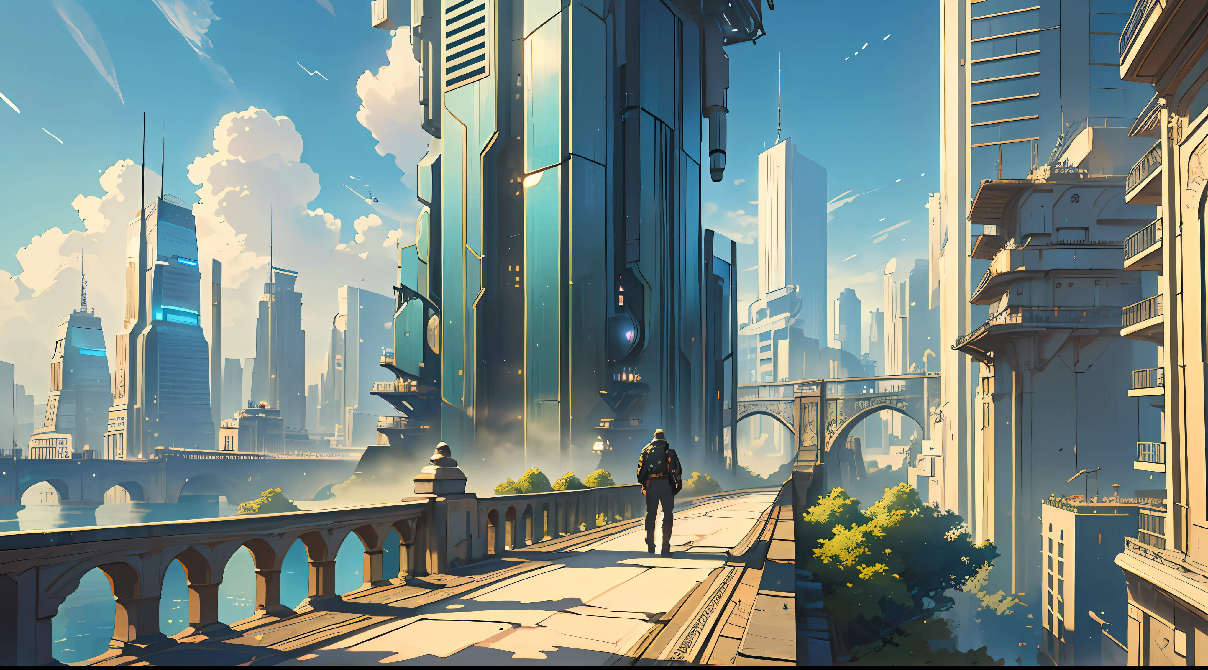 (8k unit wallpaper CG extremely detailed, masterpiece, best quality, ultra-detailed), (((solo)))), ((extremely wide shot:1.15)), a man on a bridge looking at a scifi city in the distance in the background, ((back view)), ((full body)), (high detail), (intricate details), intricate, magnificent scene, detailed environment, highly detailed environment, illustrator, (masterpiece).