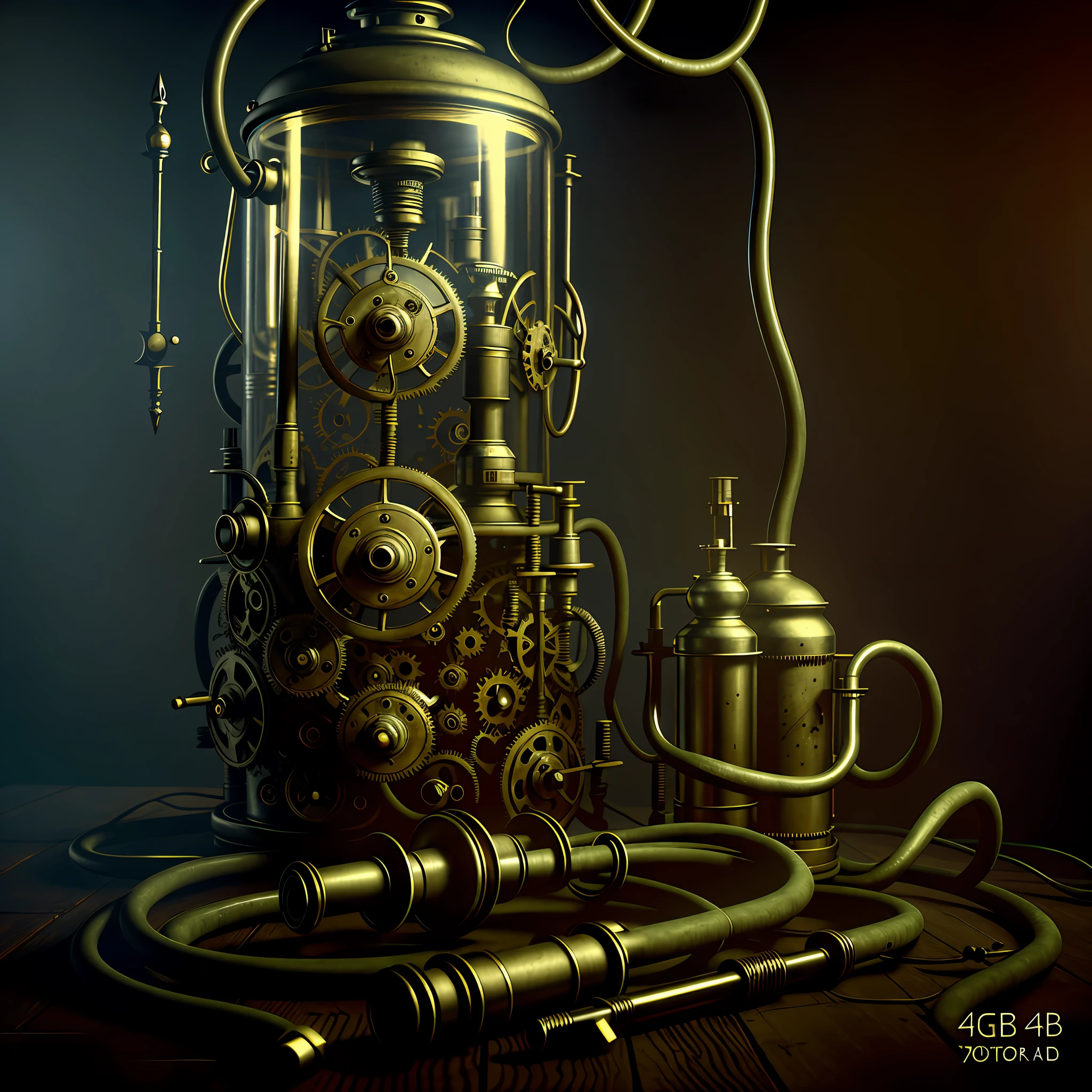 Photograph of Victorian era oxygen mask, tubes and gears, cinematic lighting, shallow depth of field, and extremely high detail, fog, medical diagram, horror, anatomy, surgical instruments, fog filling the room, 4k, artstation, UHD, unreal engine, line art drawing style.